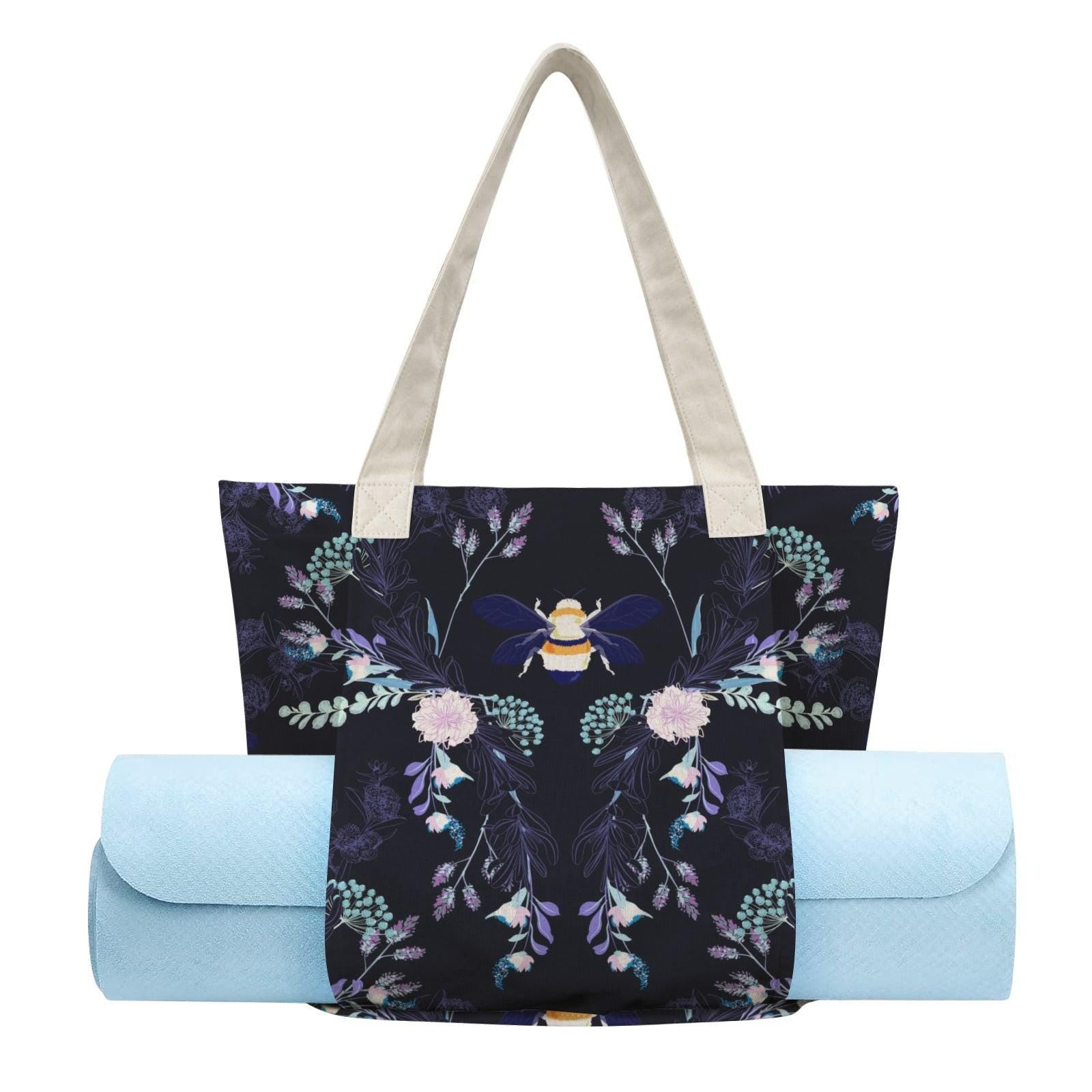 Dark Floral Bee Yoga Tote Bag with Mat Holder, Navy Canvas Shoulder Bag