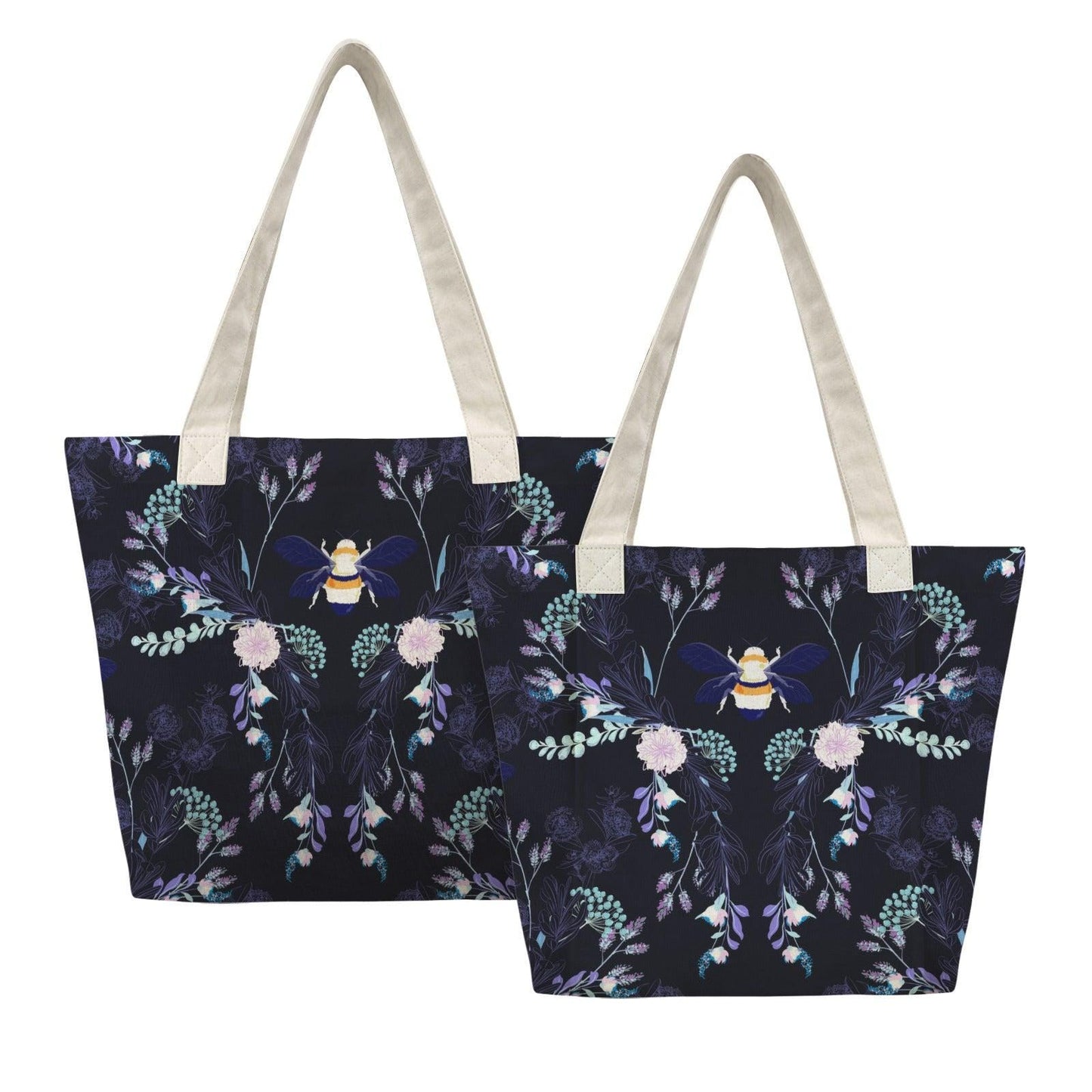 Dark Floral Bee Yoga Tote Bag with Mat Holder, Navy Canvas Shoulder Bag