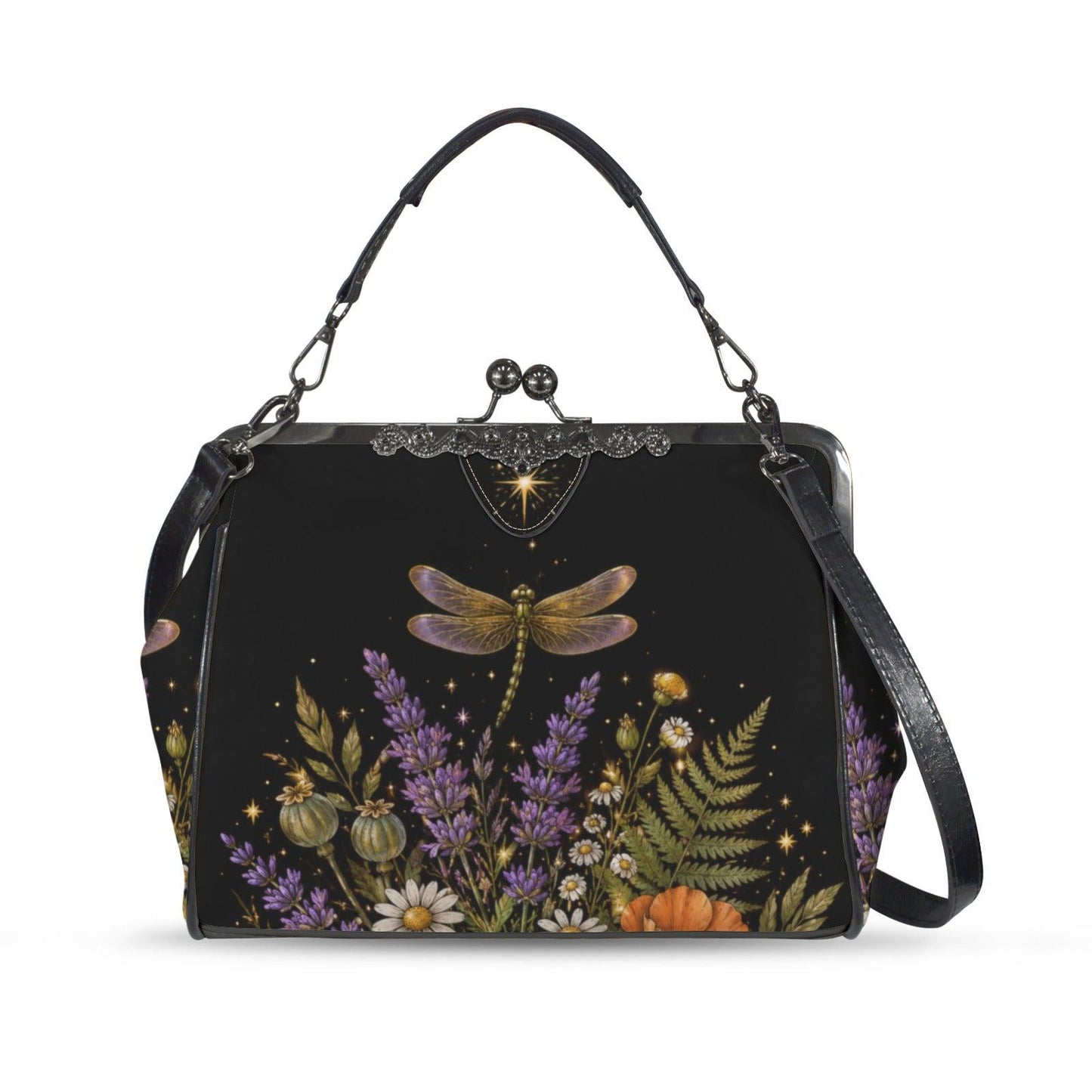 Witchy Dragonfly Kiss Lock Handbag, Botanical Cottagecore Shoulder Bag