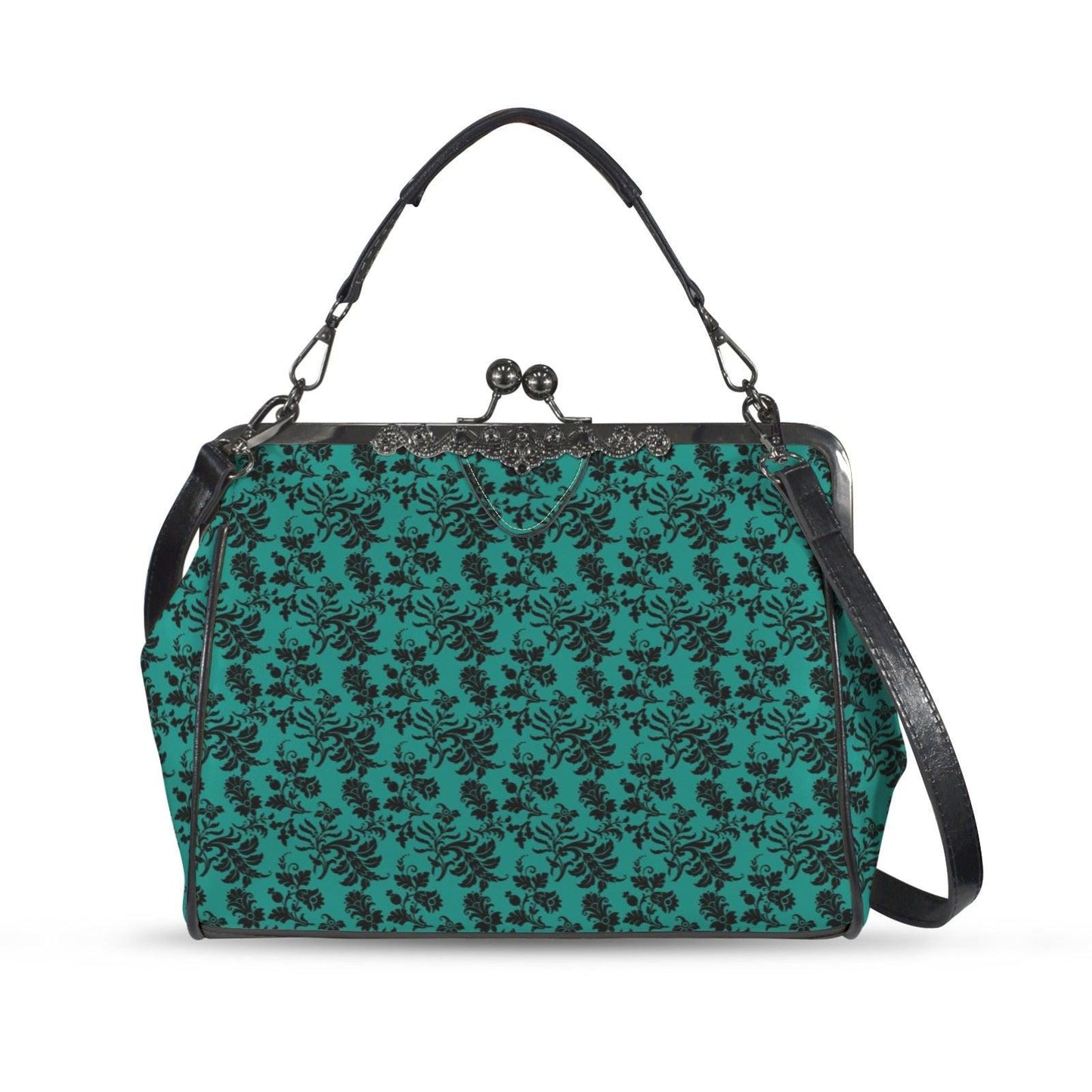 Gothic Teal Damask Kiss Lock Purse, Victorian Frame Handbag, Dark Academia Crossbody Bag