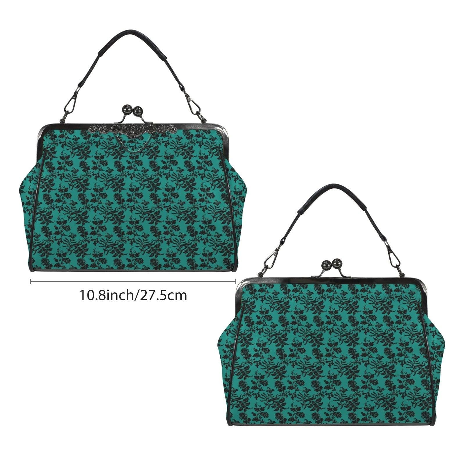 Gothic Teal Damask Kiss Lock Purse, Victorian Frame Handbag, Dark Academia Crossbody Bag
