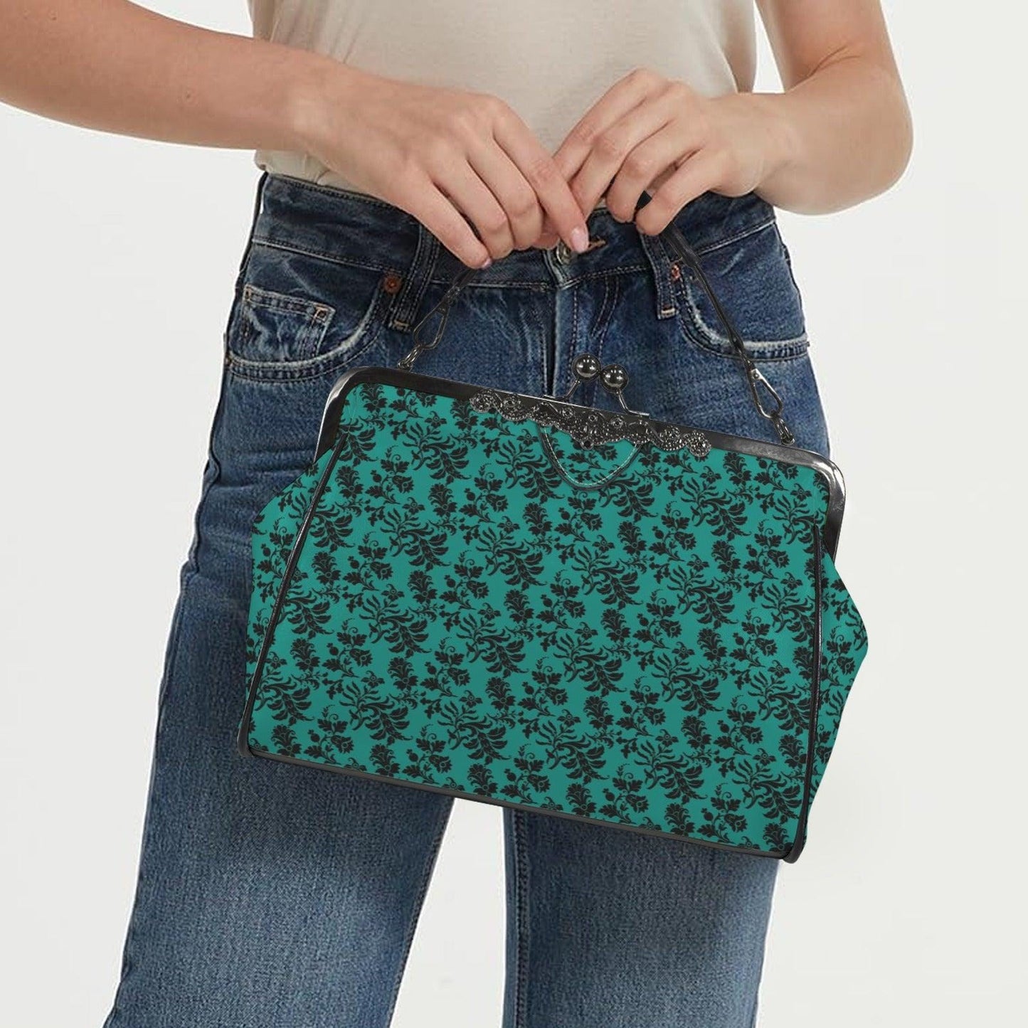 Gothic Teal Damask Kiss Lock Purse, Victorian Frame Handbag, Dark Academia Crossbody Bag