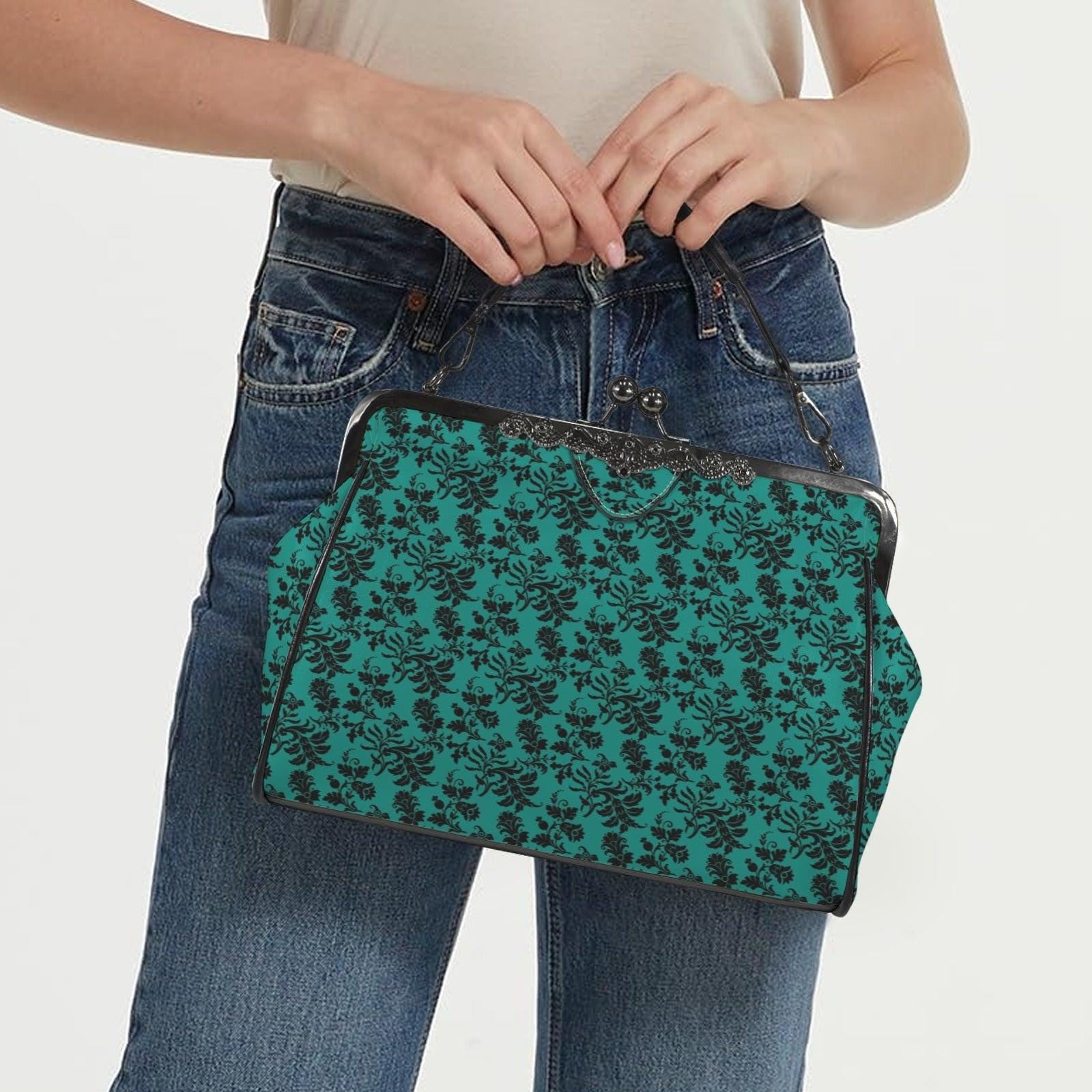 Gothic Teal Damask Kiss Lock Purse, Victorian Frame Handbag, Dark Academia Crossbody Bag