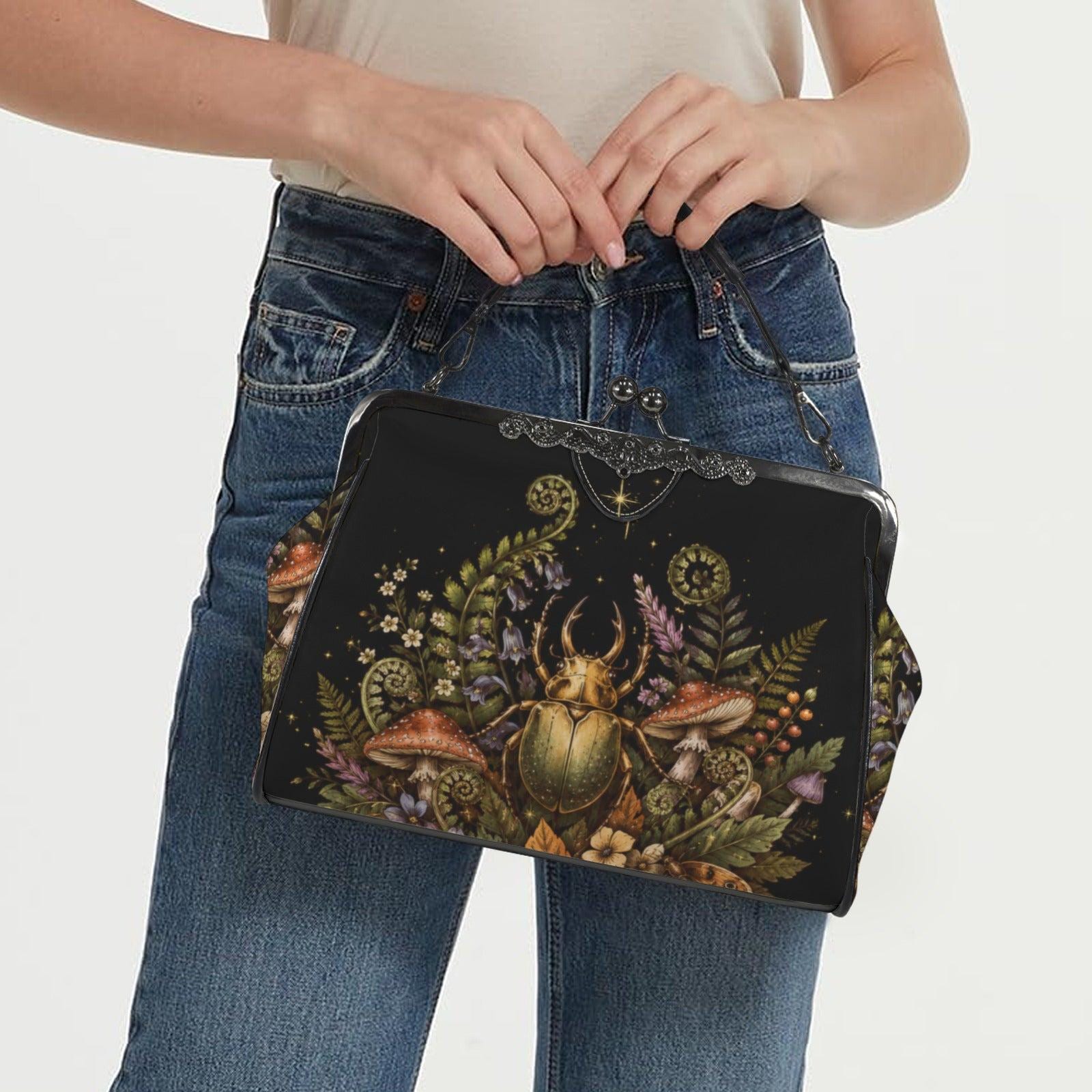 Goblincore Beetle Mushroom Kiss Lock Handbag, Dark Cottagecore Shoulder Bag