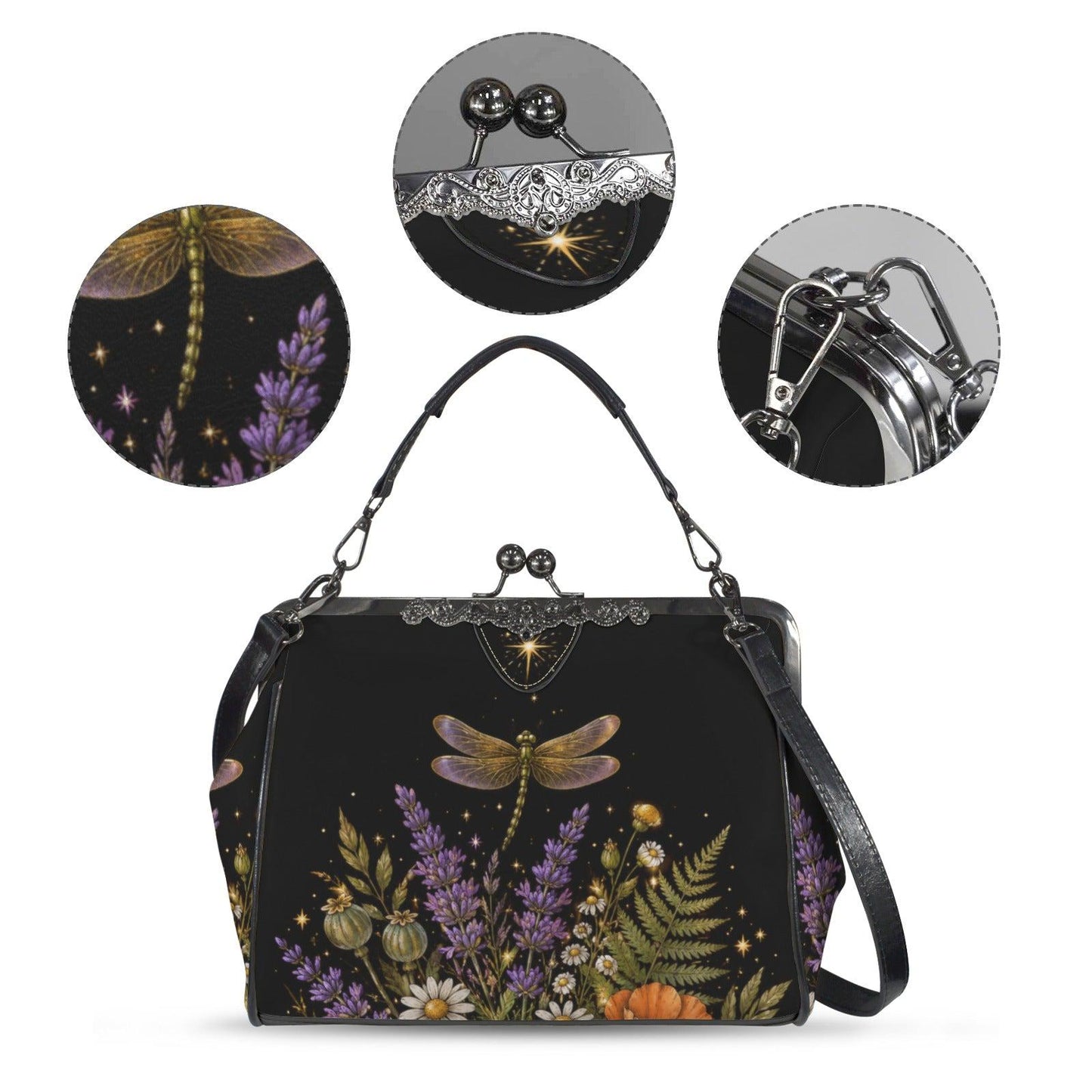 Witchy Dragonfly Kiss Lock Handbag, Botanical Cottagecore Shoulder Bag
