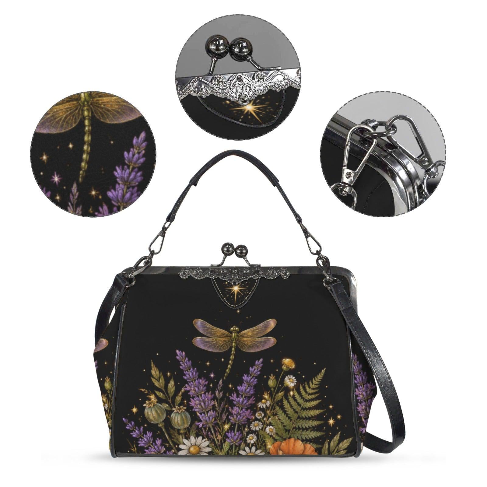 Witchy Dragonfly Kiss Lock Handbag, Botanical Cottagecore Shoulder Bag