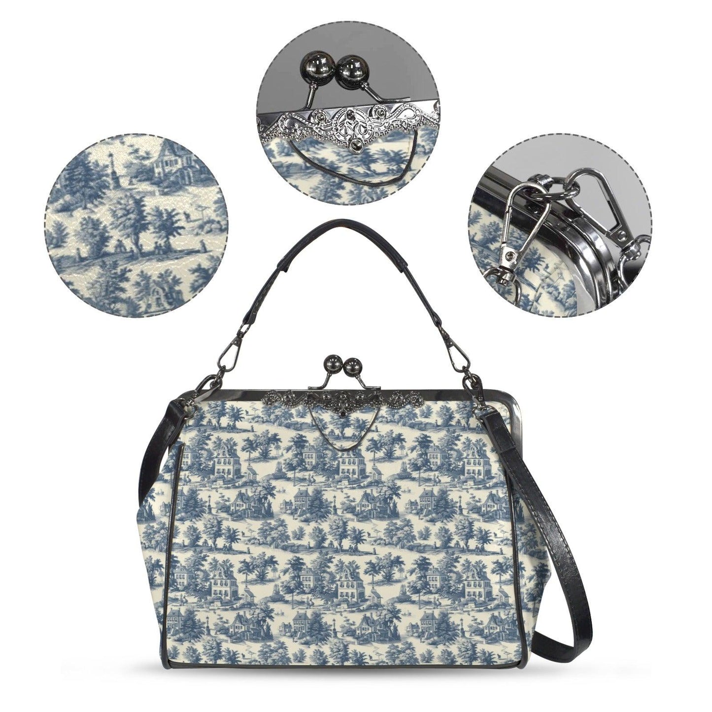 Blue Toile Handbag, Chinoiserie Kiss Lock Purse, French Country Shoulder Bag