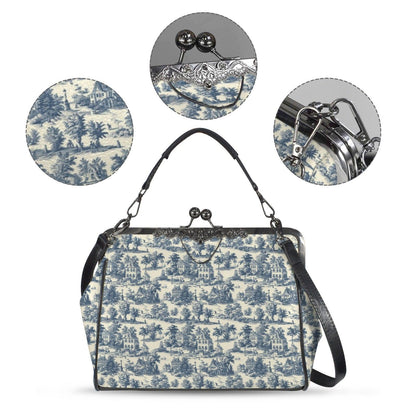 Blue Toile Handbag, Chinoiserie Kiss Lock Purse, French Country Shoulder Bag