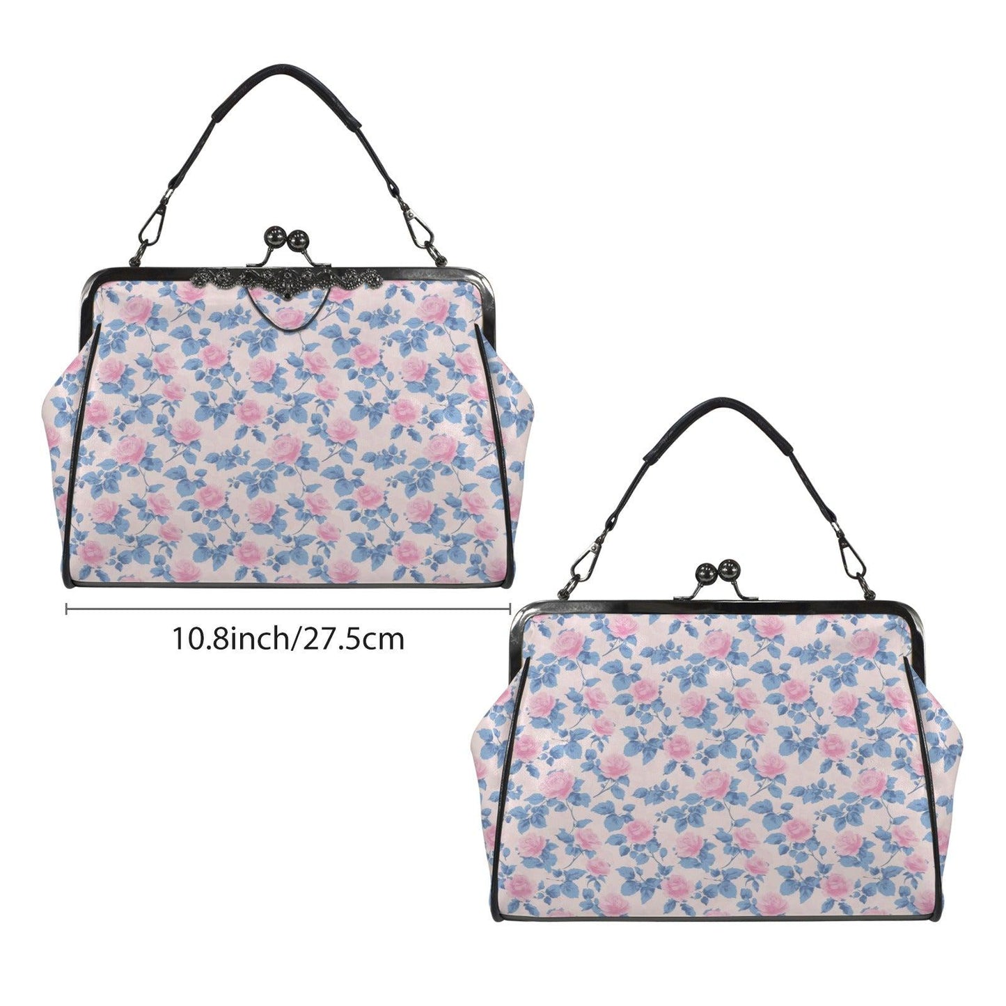 Pink Floral Kiss Lock Crossbody Bag, Blue Rose Cottagecore Handbag