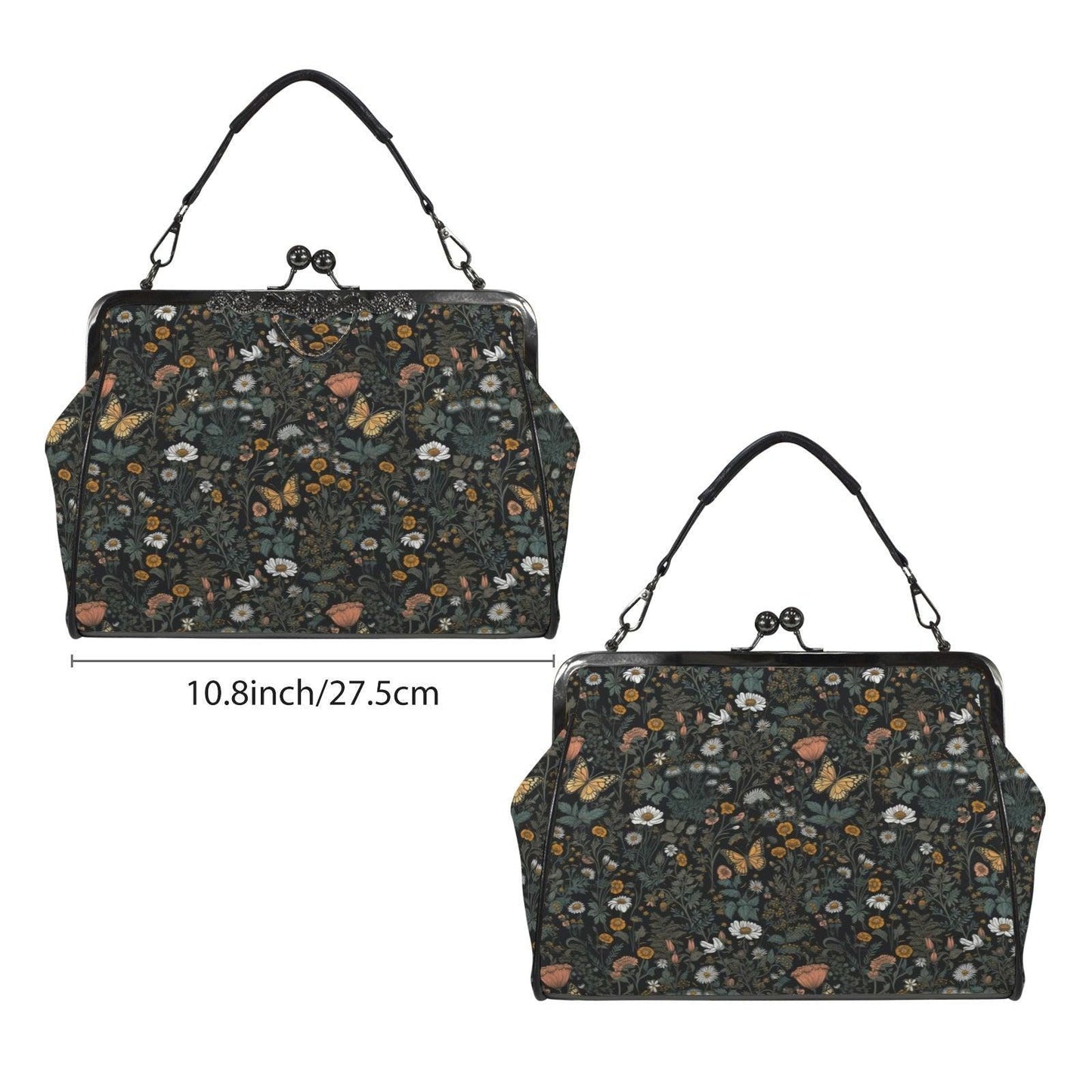 Dark Wildflower Butterfly Kiss-Lock PU Leather Crossbody Bag