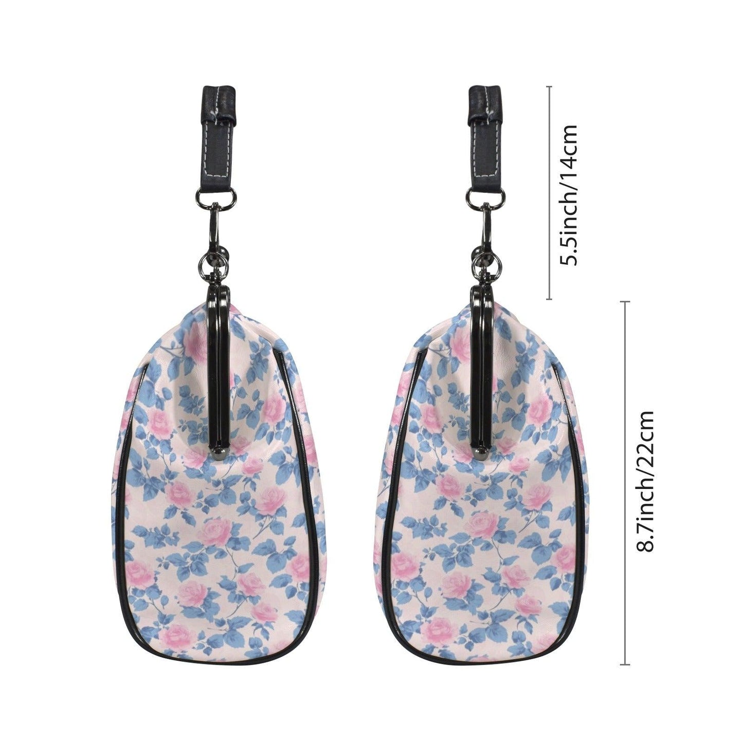 Pink Floral Kiss Lock Crossbody Bag, Blue Rose Cottagecore Handbag