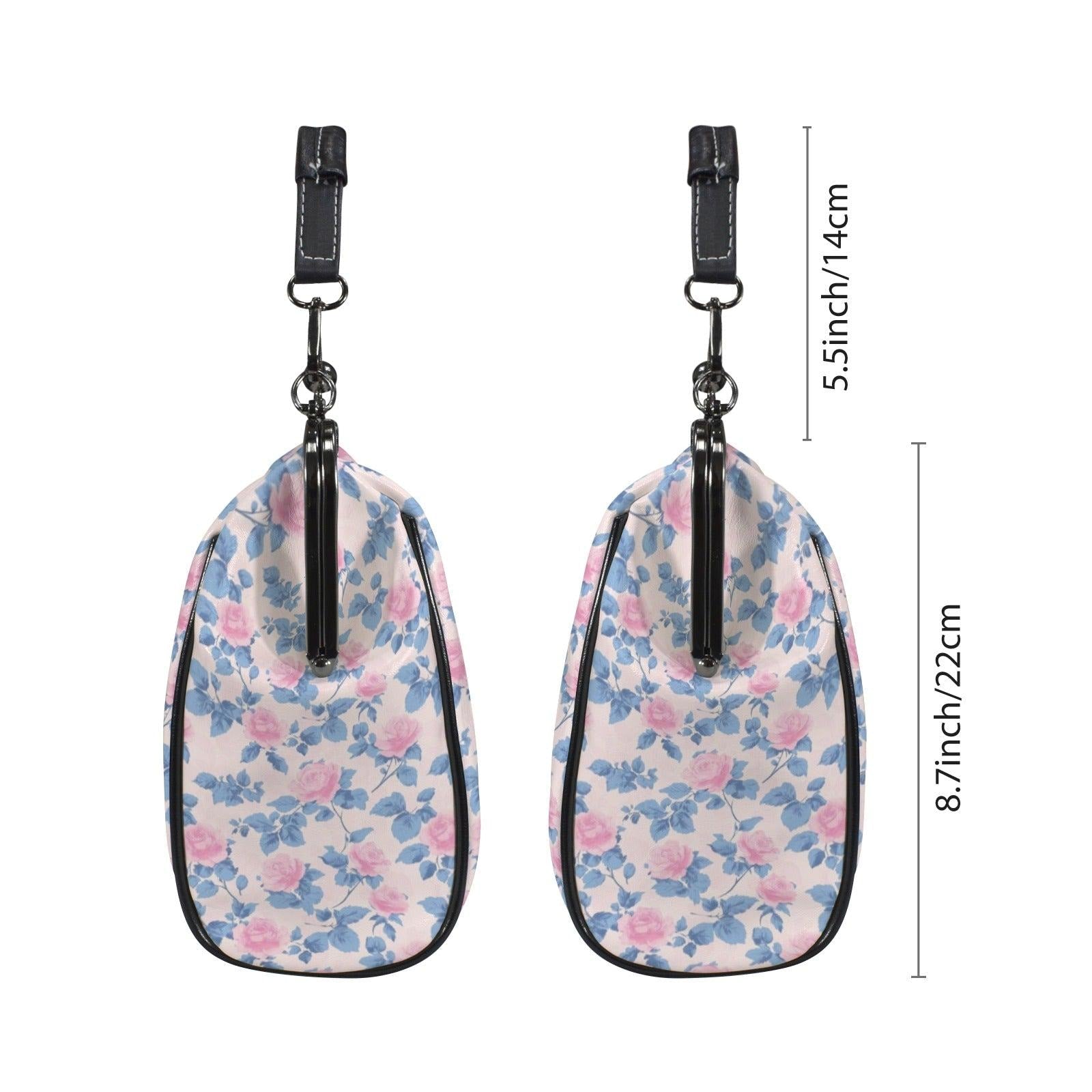 Pink Floral Kiss Lock Crossbody Bag, Blue Rose Cottagecore Handbag