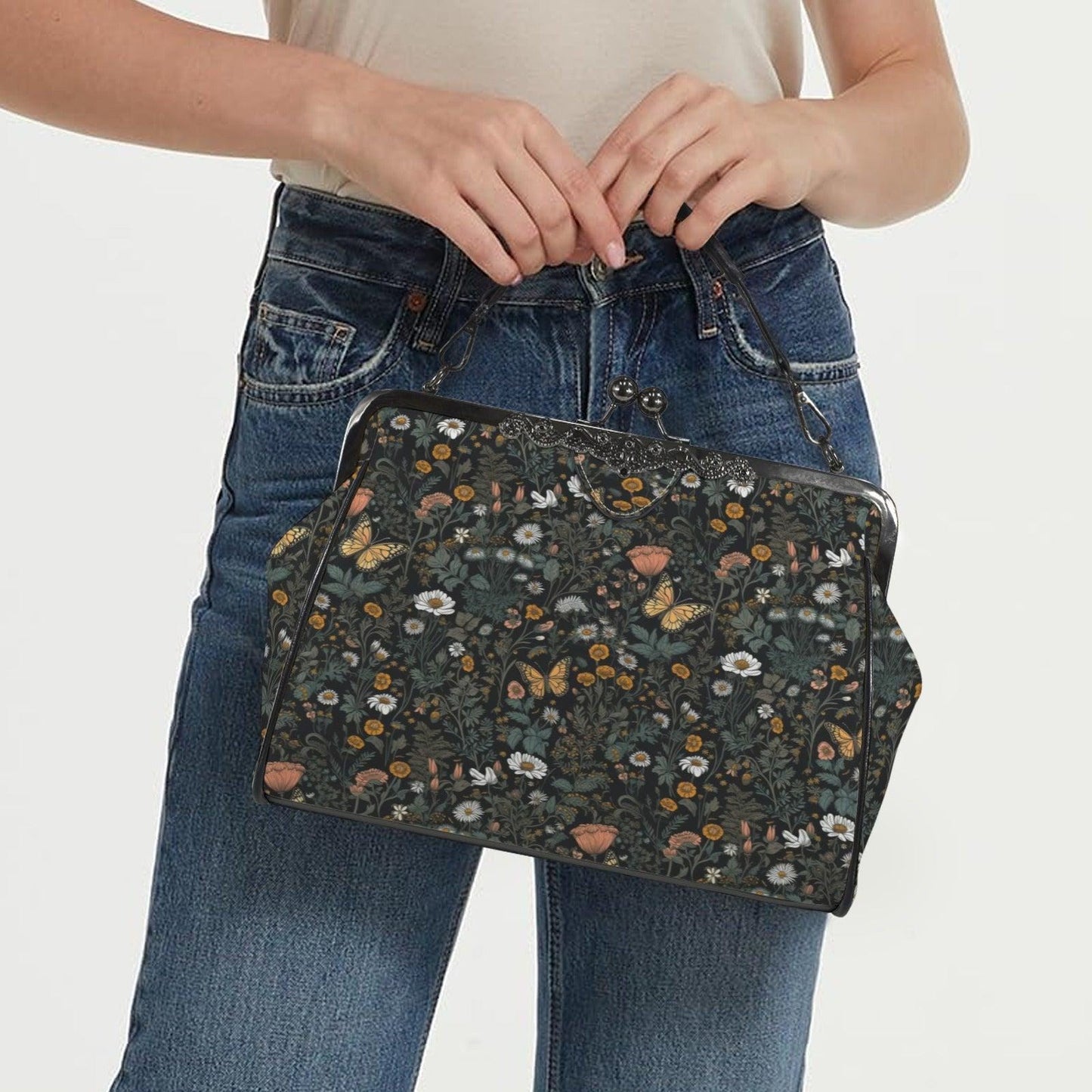 Dark Wildflower Butterfly Kiss-Lock PU Leather Crossbody Bag