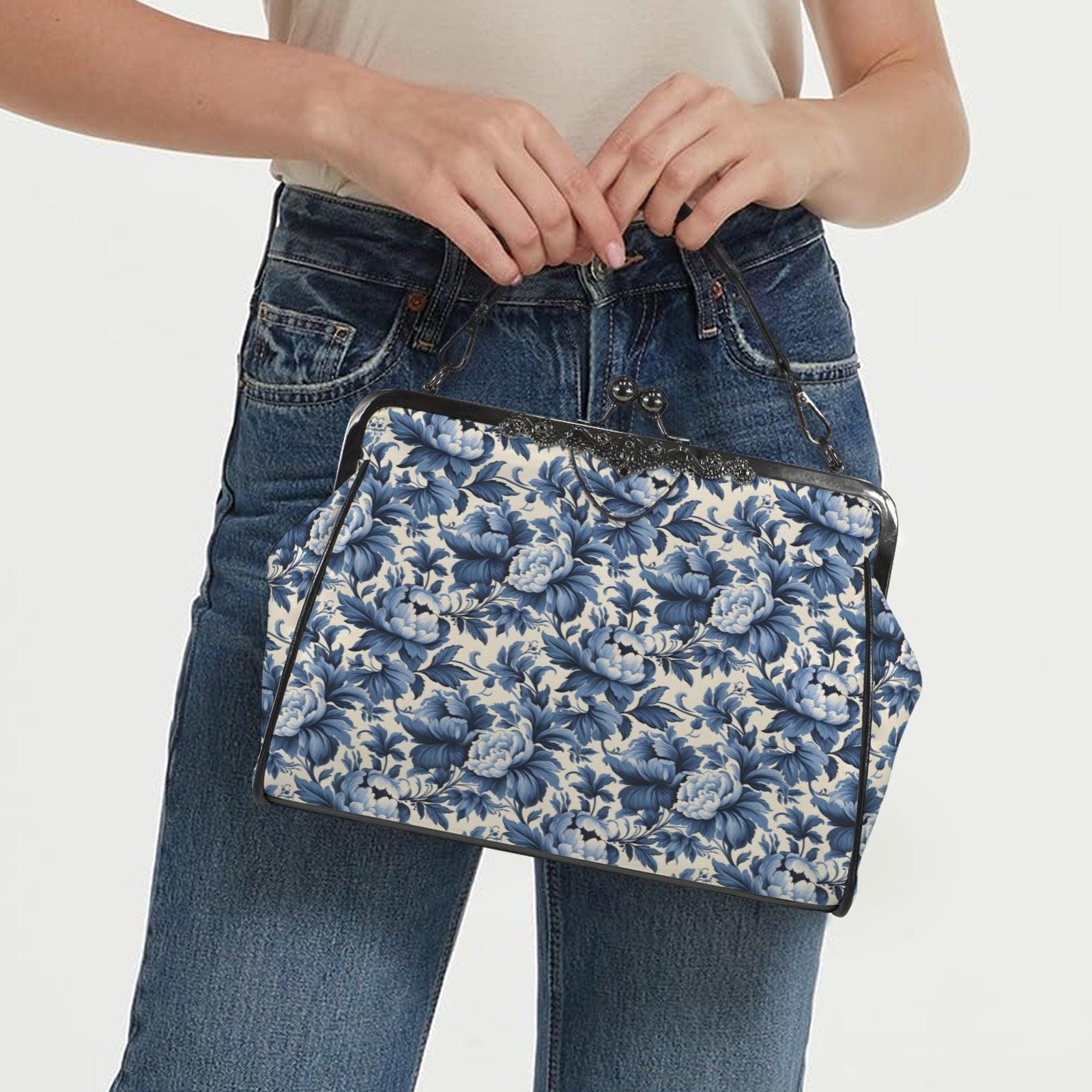 Blue Peony Chinoiserie Kiss-Lock PU Leather Crossbody Bag