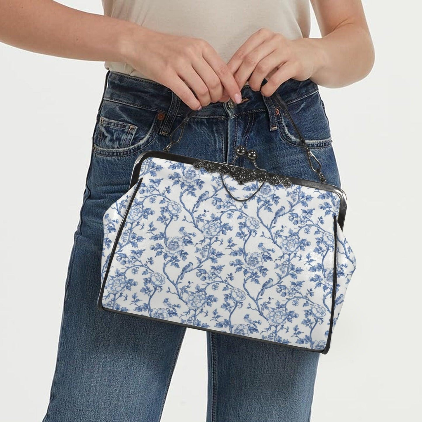 Blue Chinoiserie Floral Kiss-Lock PU Leather Crossbody Bag