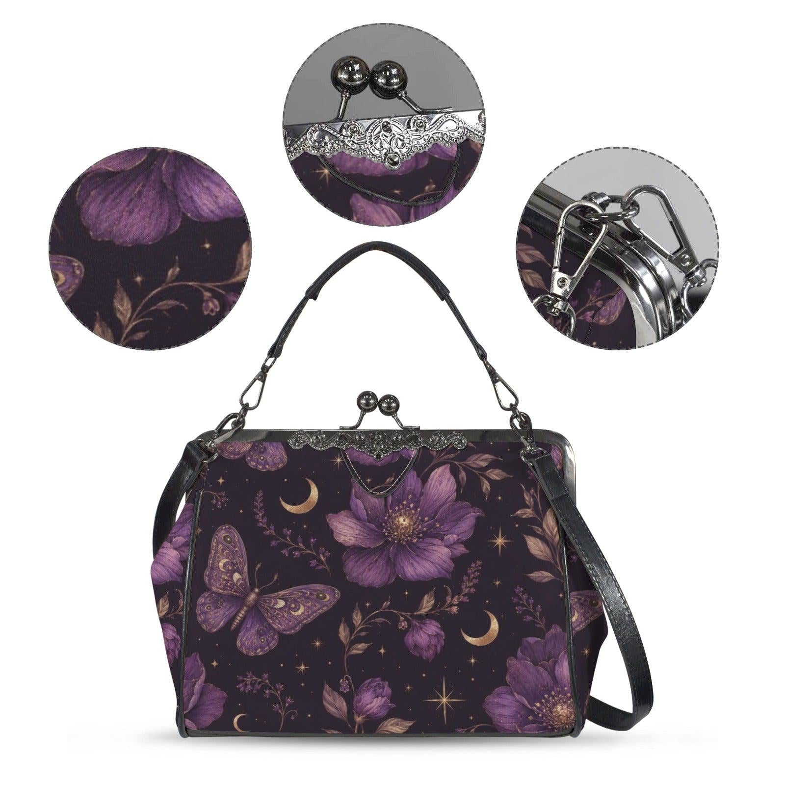 Whimsigoth Purple Moth Moon Floral Kiss Lock Handbag, Celestial Crossbody Bag