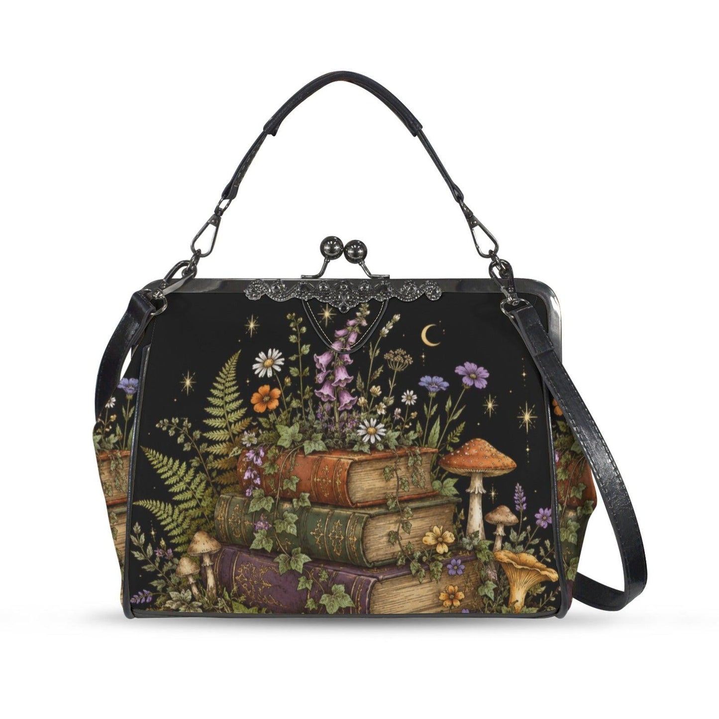 Dark Academia Stacked Books Crossbody Bag, Cottagecore Moon Stars Kiss Lock Purse