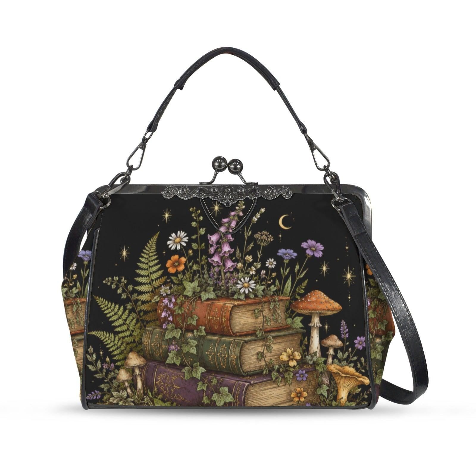 Dark Academia Stacked Books Crossbody Bag, Cottagecore Moon Stars Kiss Lock Purse