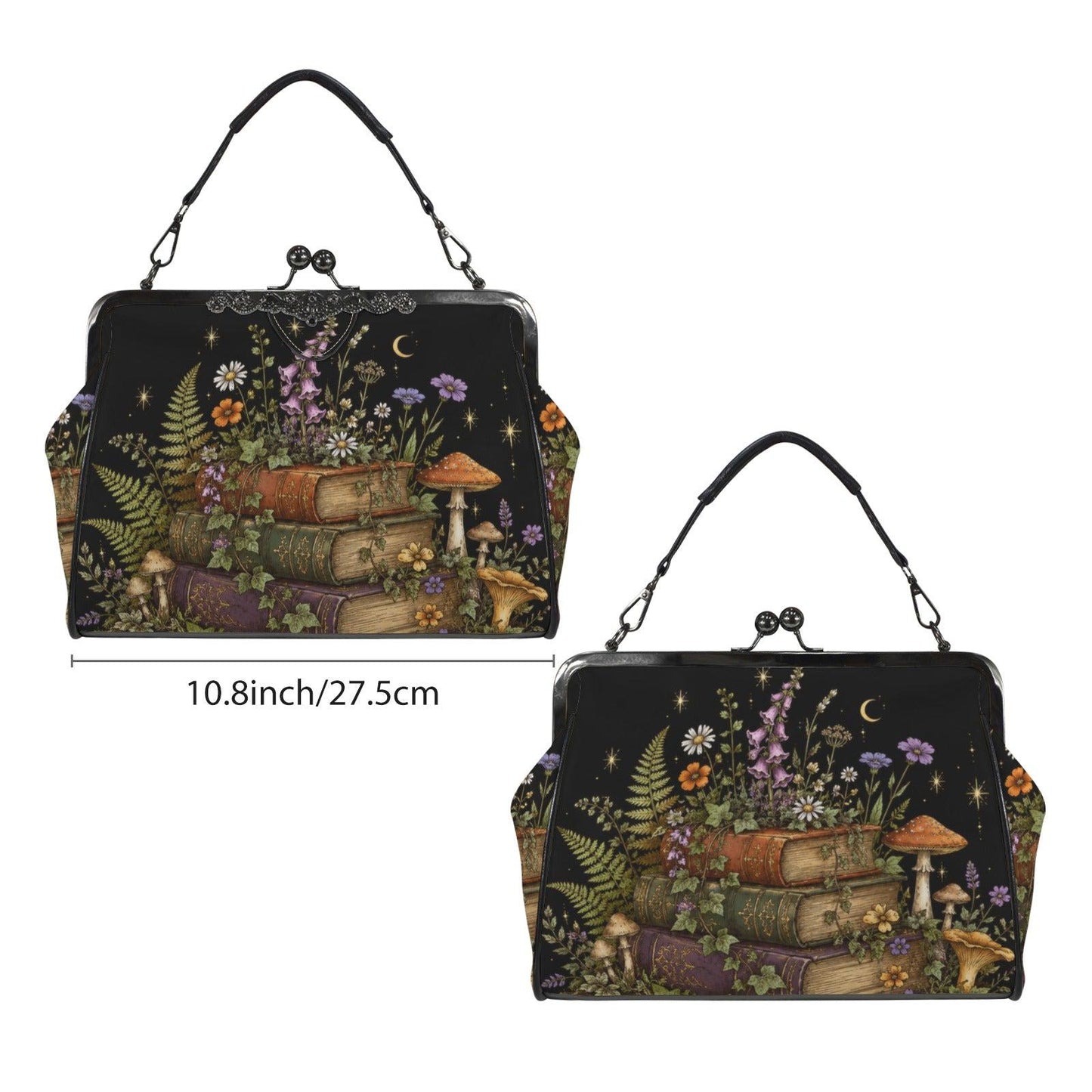 Dark Academia Stacked Books Crossbody Bag, Cottagecore Moon Stars Kiss Lock Purse