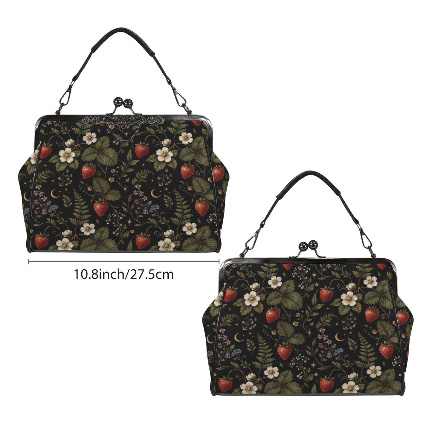 Dark Botanical Strawberry Kiss Lock Bag, Cottagecore Berry Print Crossbody Purse