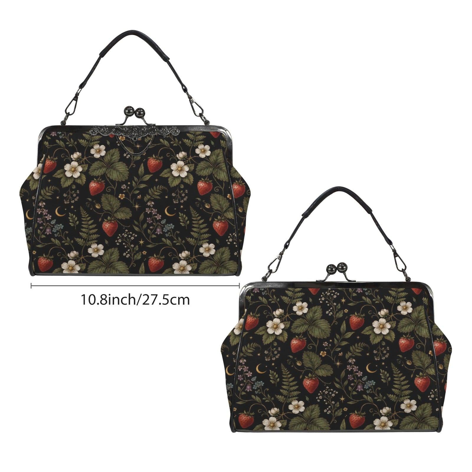 Dark Botanical Strawberry Kiss Lock Bag, Cottagecore Berry Print Crossbody Purse