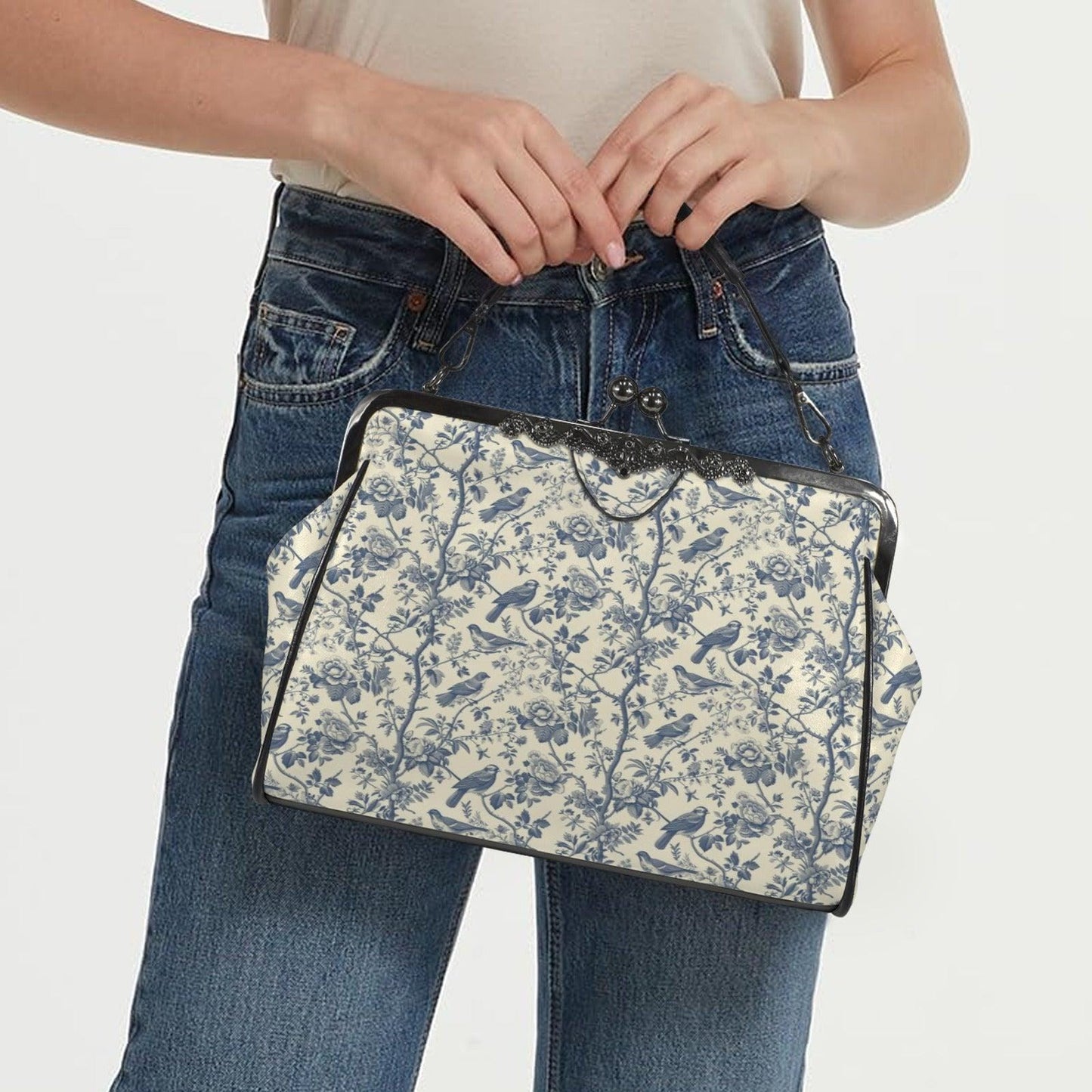 Sage Green Botanical Print Top Handle Purse with Removable Shoulder Strap