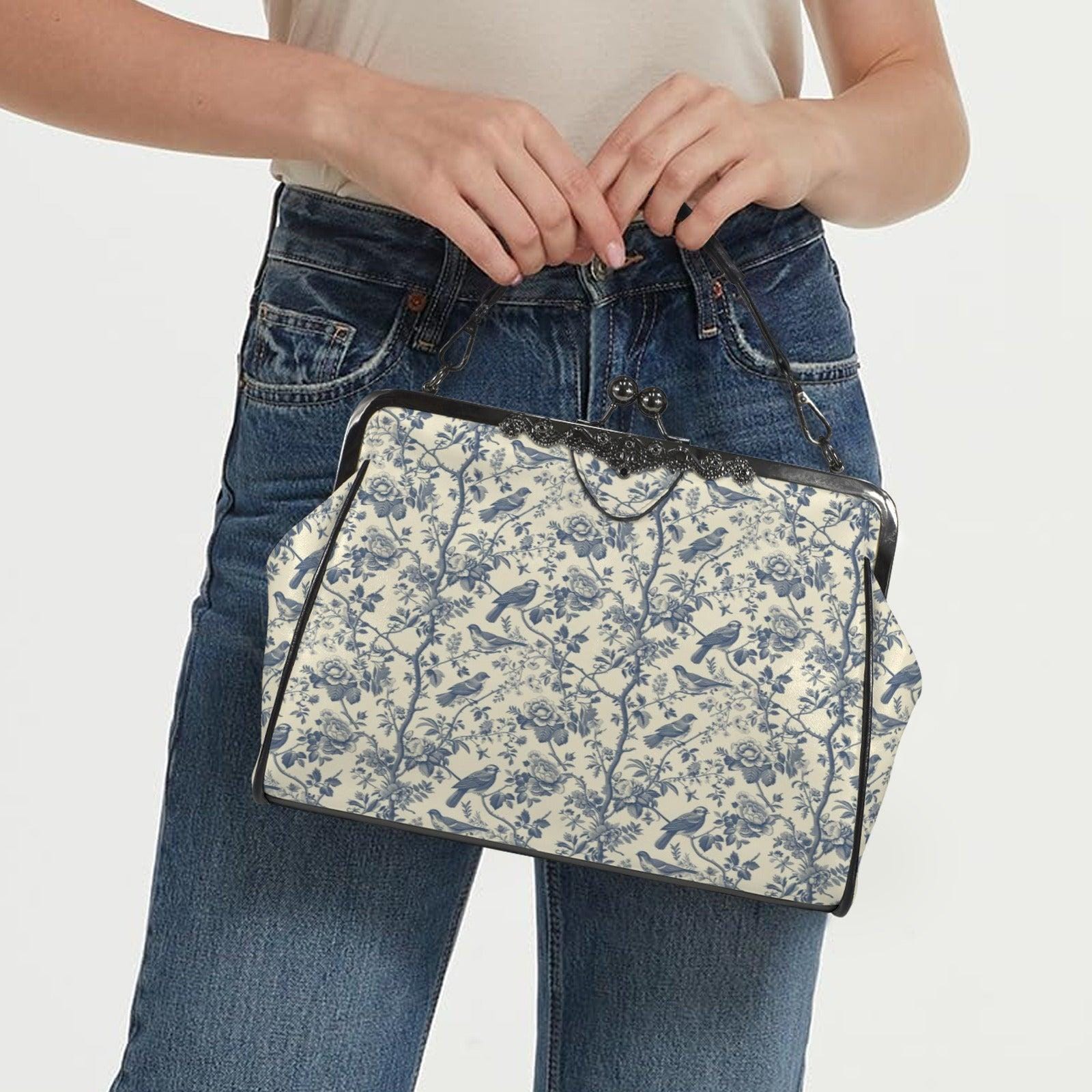 Sage Green Botanical Print Top Handle Purse with Removable Shoulder Strap