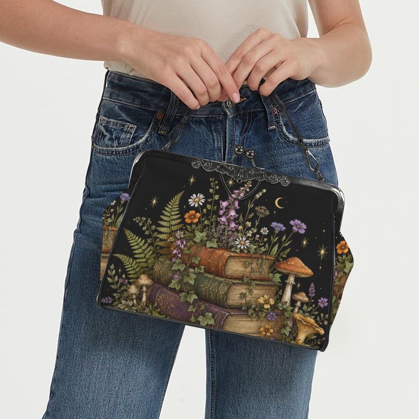 Dark Academia Stacked Books Crossbody Bag, Cottagecore Moon Stars Kiss Lock Purse