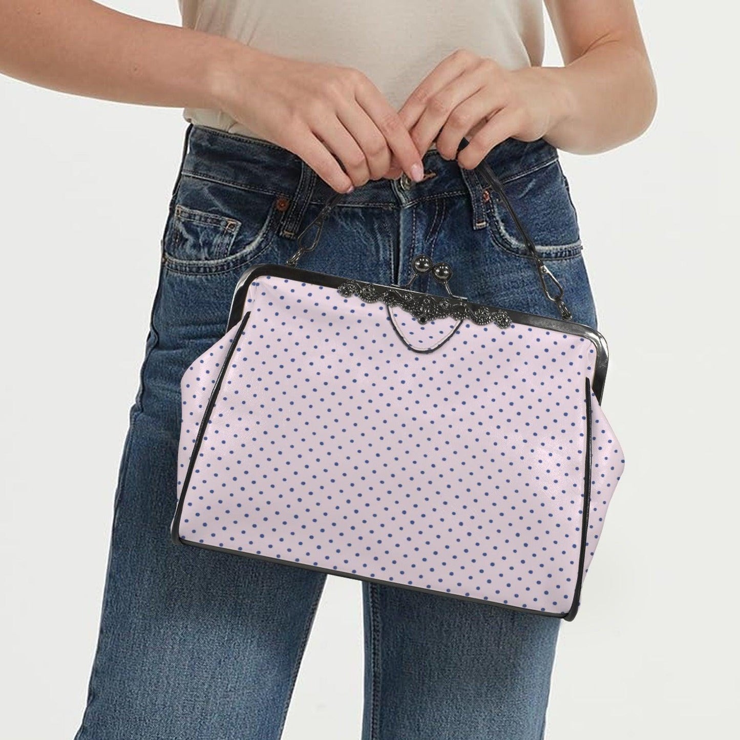 Pink Polka Dot Kiss Lock Handbag, Retro Vintage Style Crossbody Bag