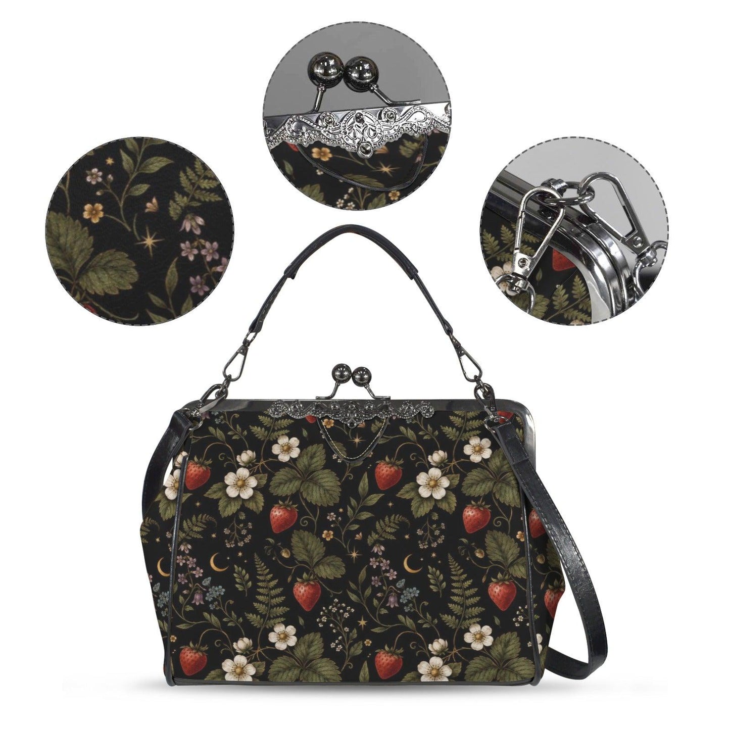 Dark Botanical Strawberry Kiss Lock Bag, Cottagecore Berry Print Crossbody Purse