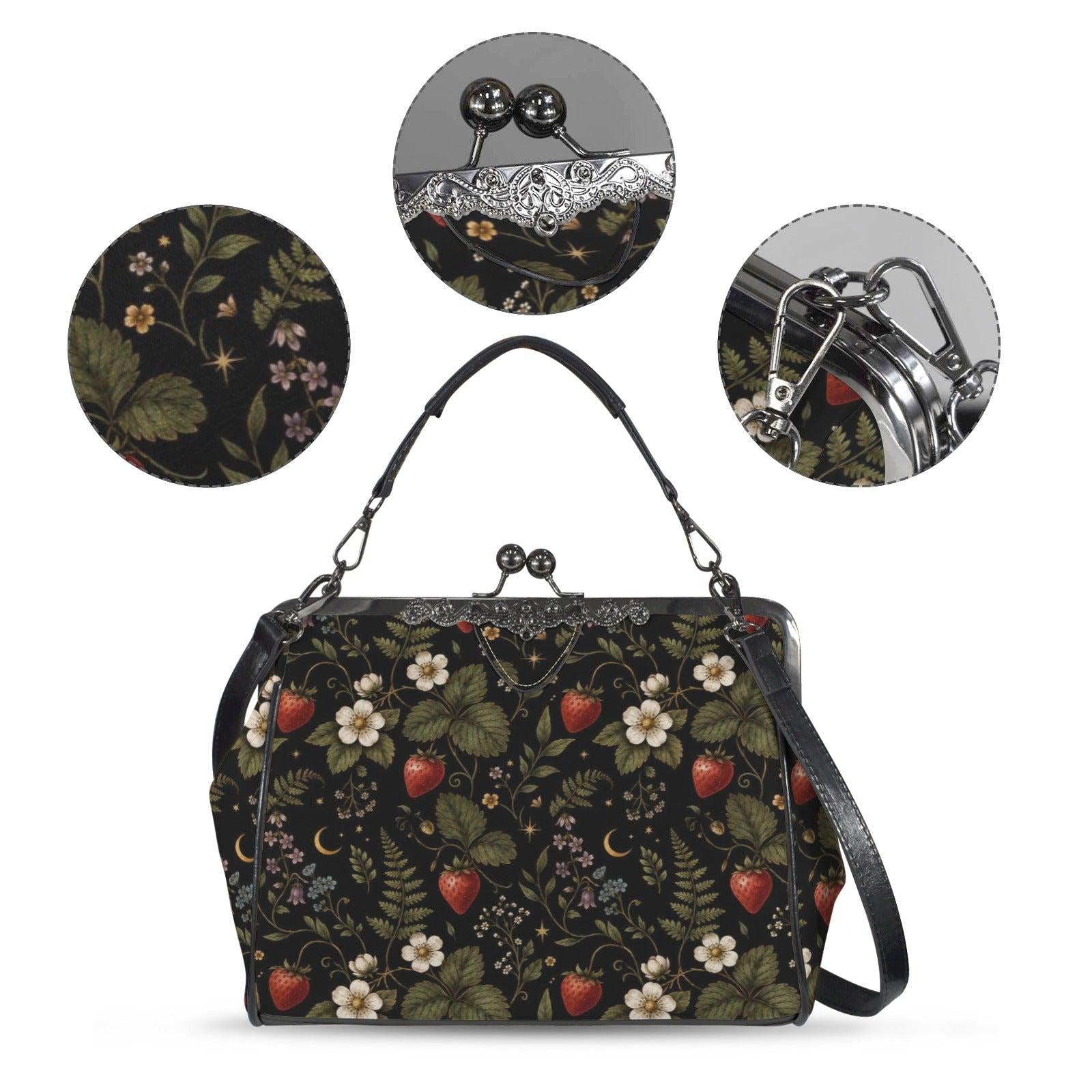 Dark Botanical Strawberry Kiss Lock Bag, Cottagecore Berry Print Crossbody Purse