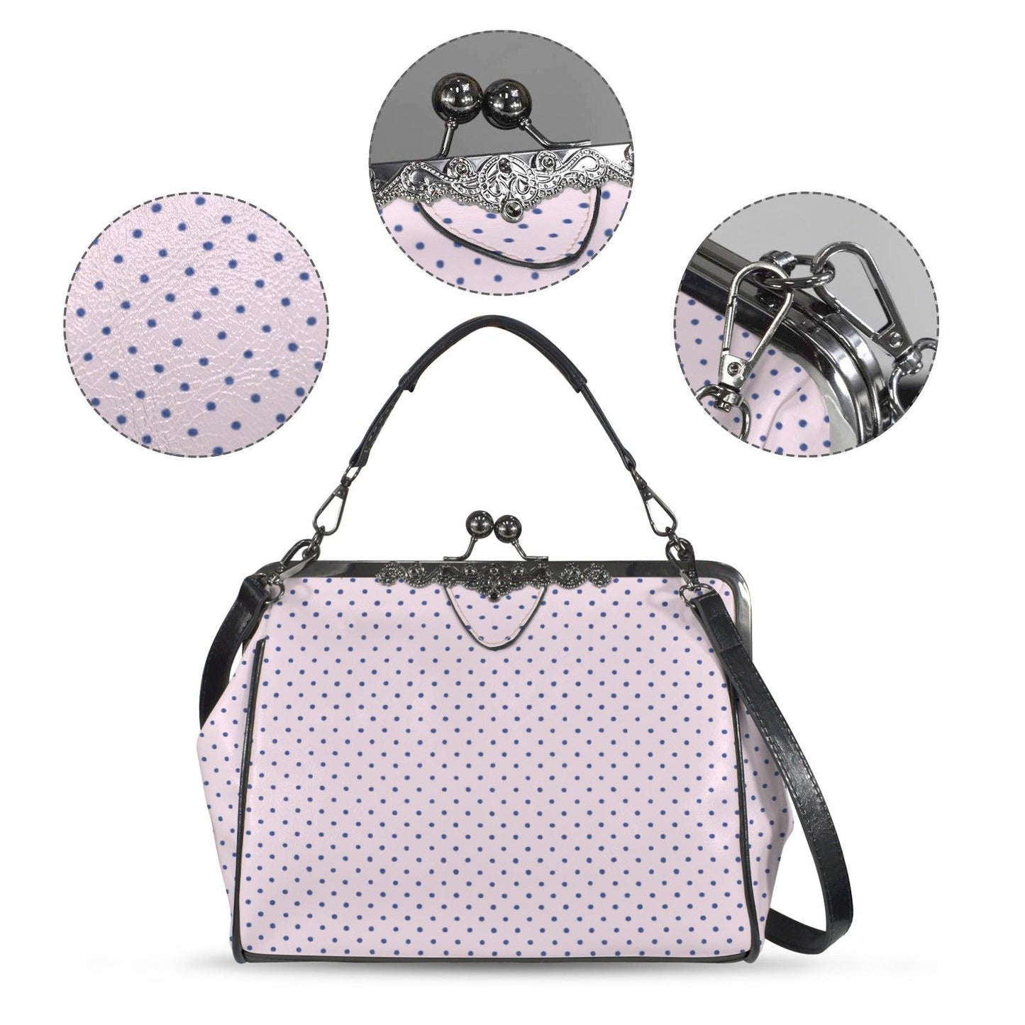 Pink Polka Dot Kiss Lock Handbag, Retro Vintage Style Crossbody Bag