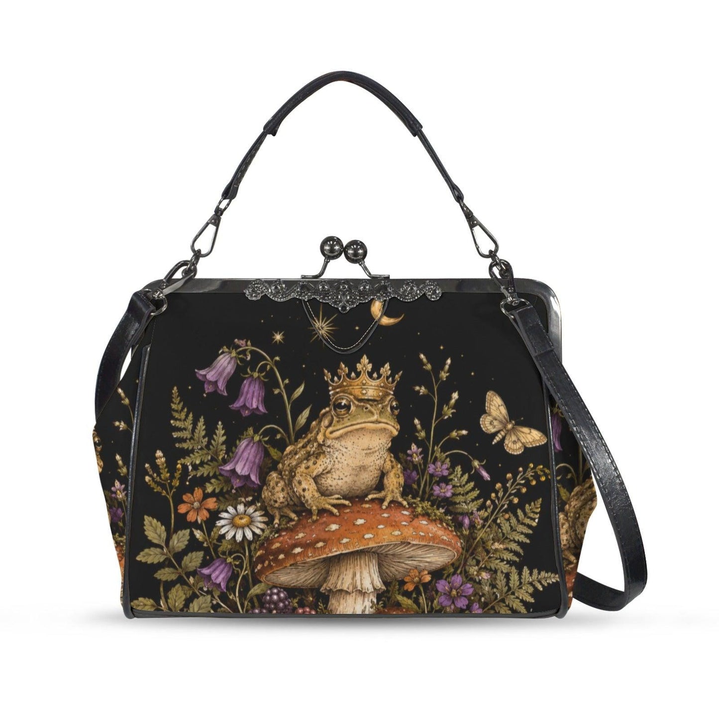 Frog King and Mushroom Print Kiss Lock Handbag with Crossbody Strap