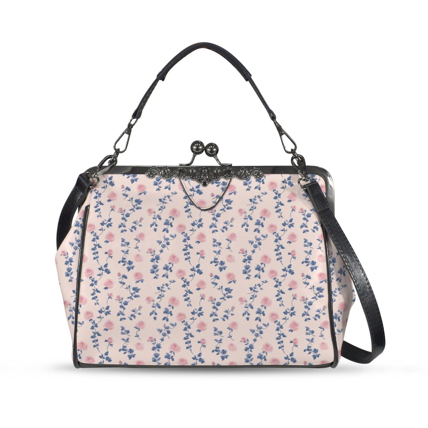 Coquette Floral Crossbody Bag, Pink Blue Ditsy Kiss Lock Purse