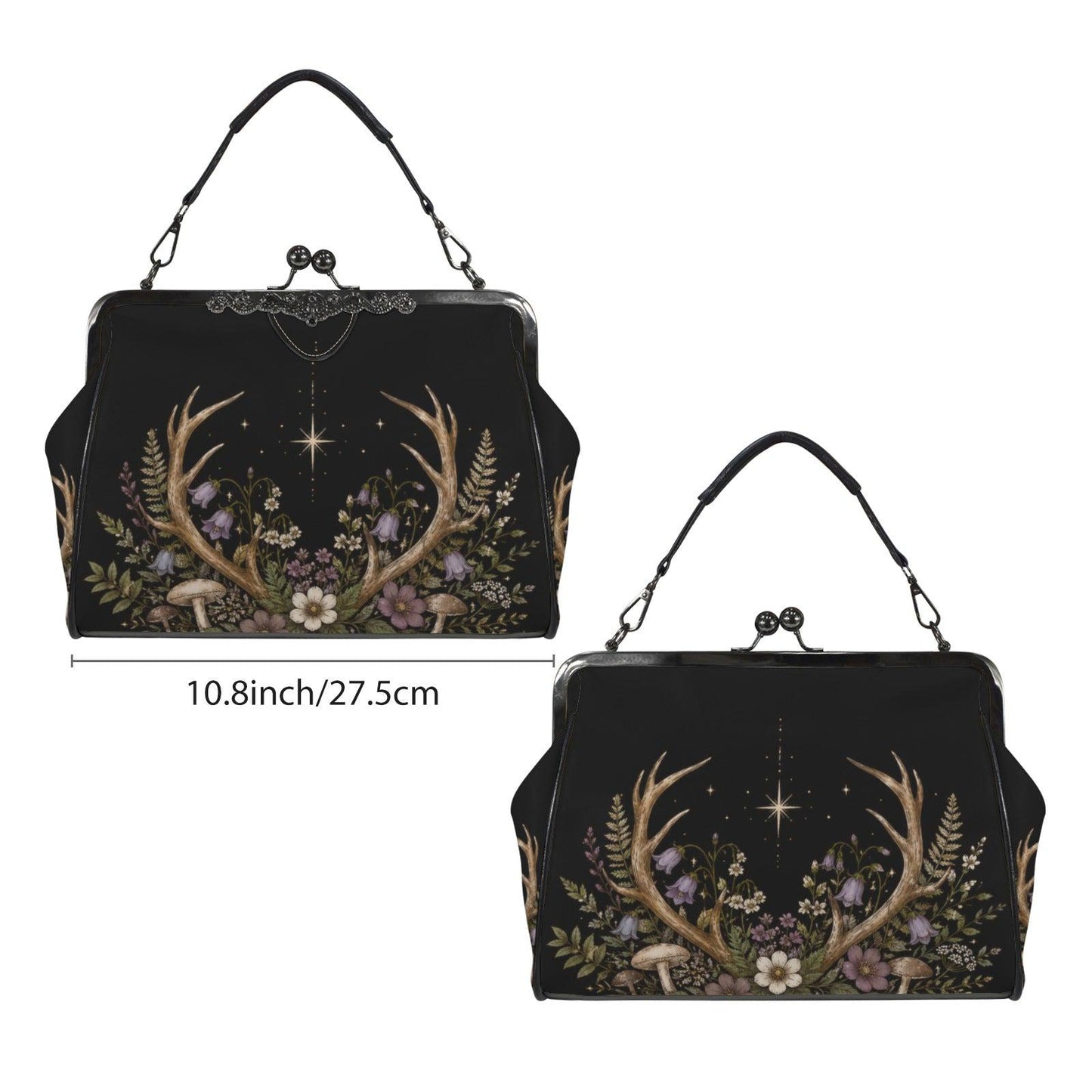 Black Floral Evening Bag, Vintage Kisslock Clutch, Detachable Chain Strap
