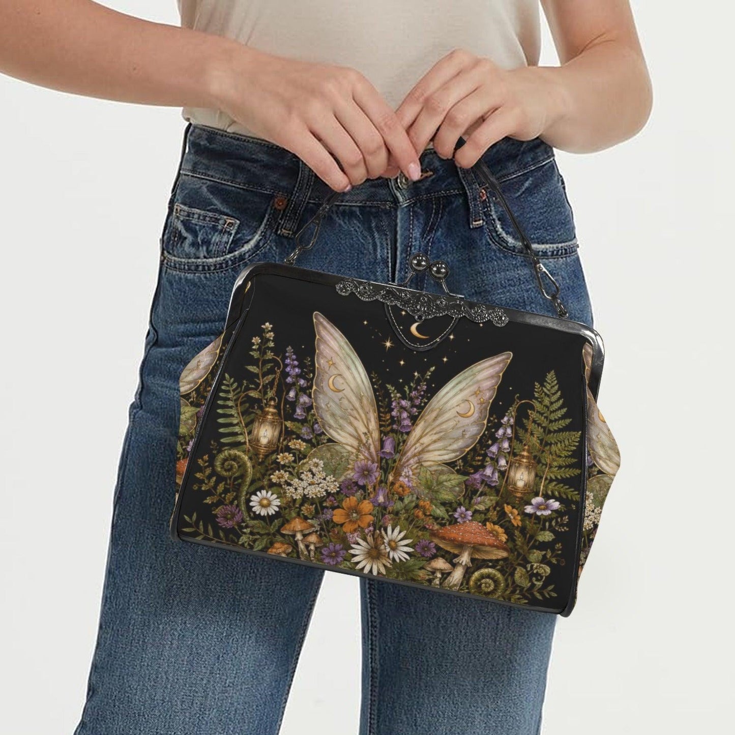 Fairycore Kiss Lock Bag, Whimsigoth Butterfly Wings, Moon Wildflower Handbag