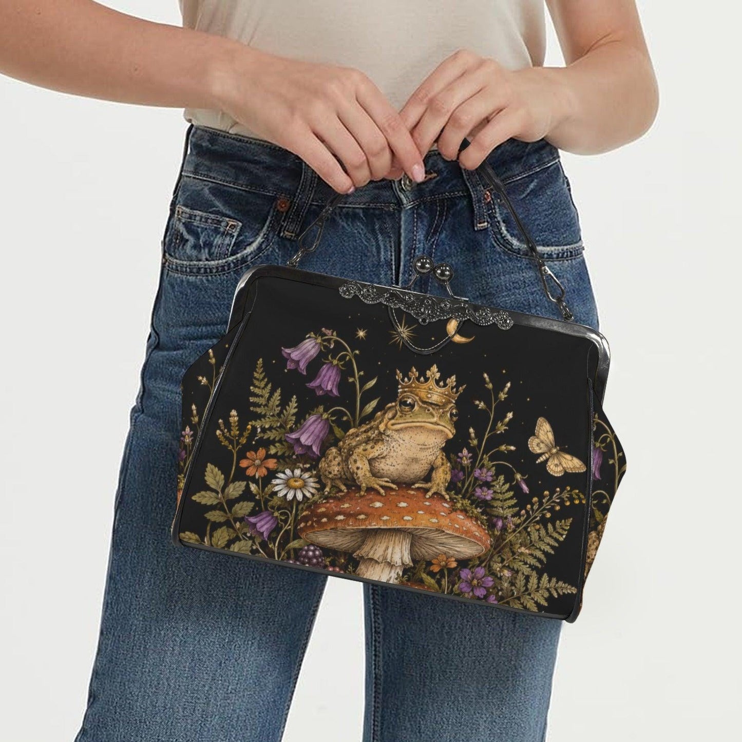 Frog King and Mushroom Print Kiss Lock Handbag with Crossbody Strap