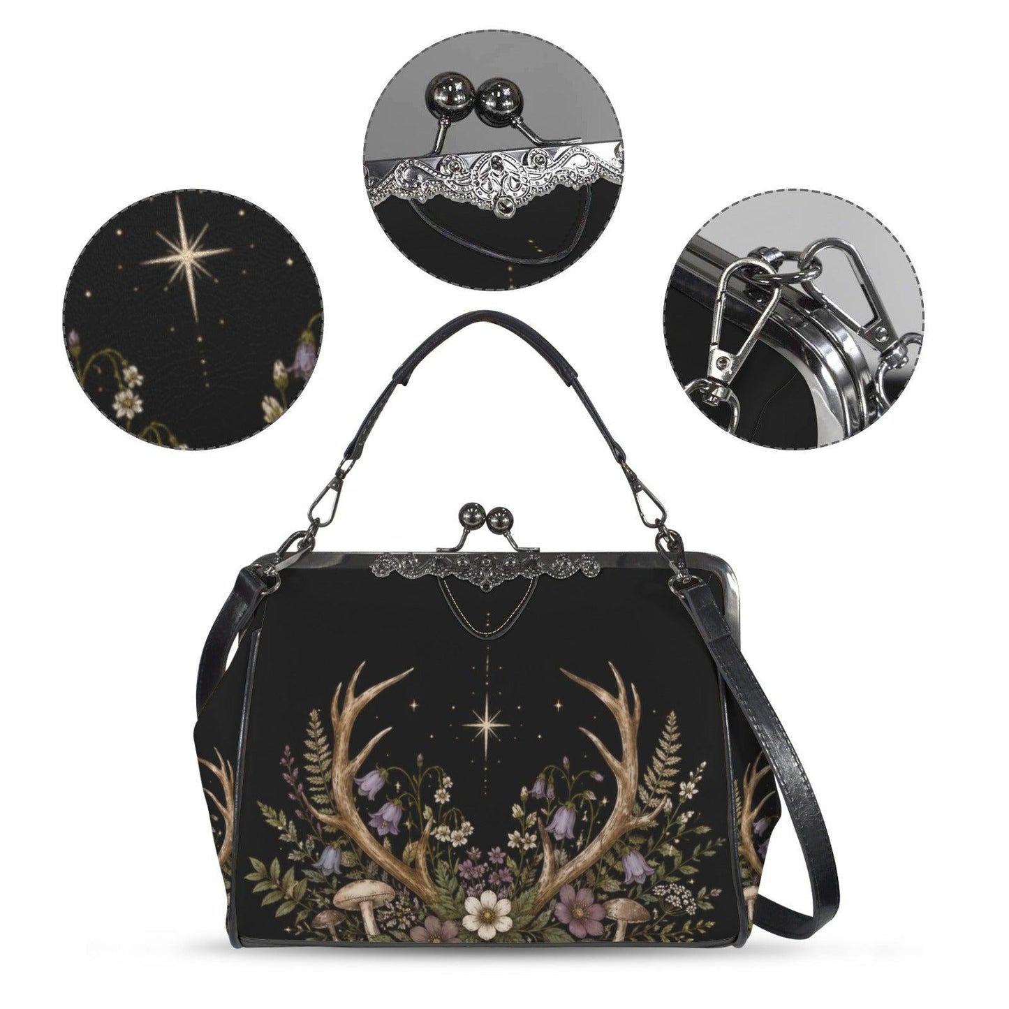 Black Floral Evening Bag, Vintage Kisslock Clutch, Detachable Chain Strap