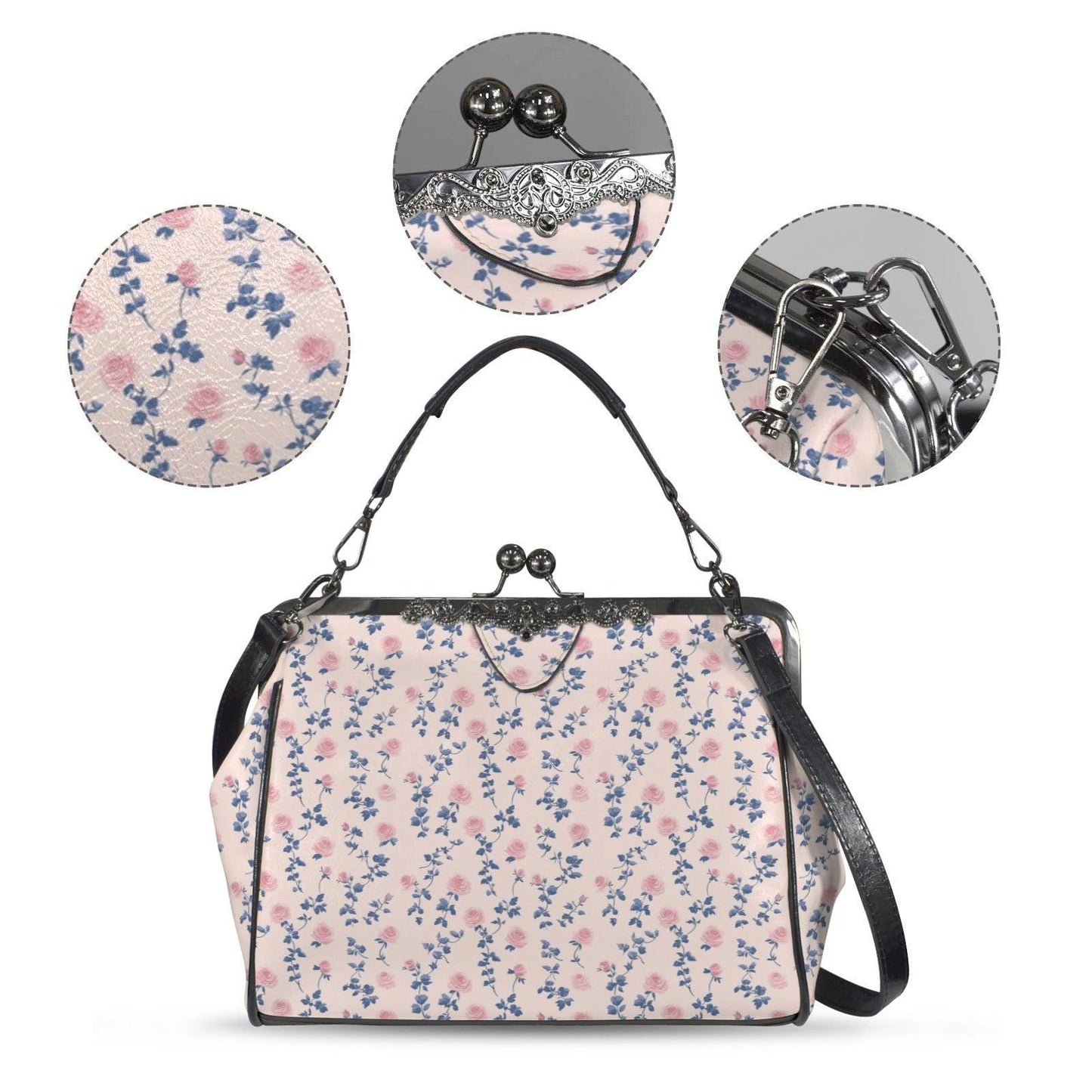 Coquette Floral Crossbody Bag, Pink Blue Ditsy Kiss Lock Purse