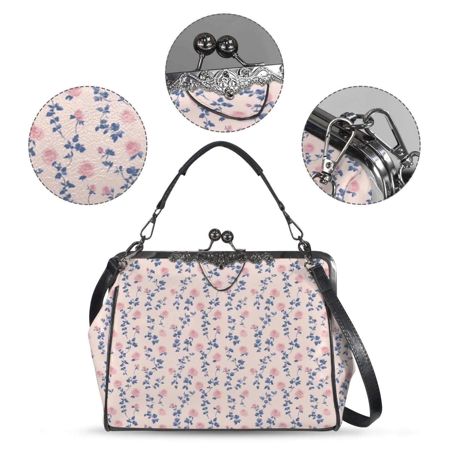 Coquette Floral Crossbody Bag, Pink Blue Ditsy Kiss Lock Purse