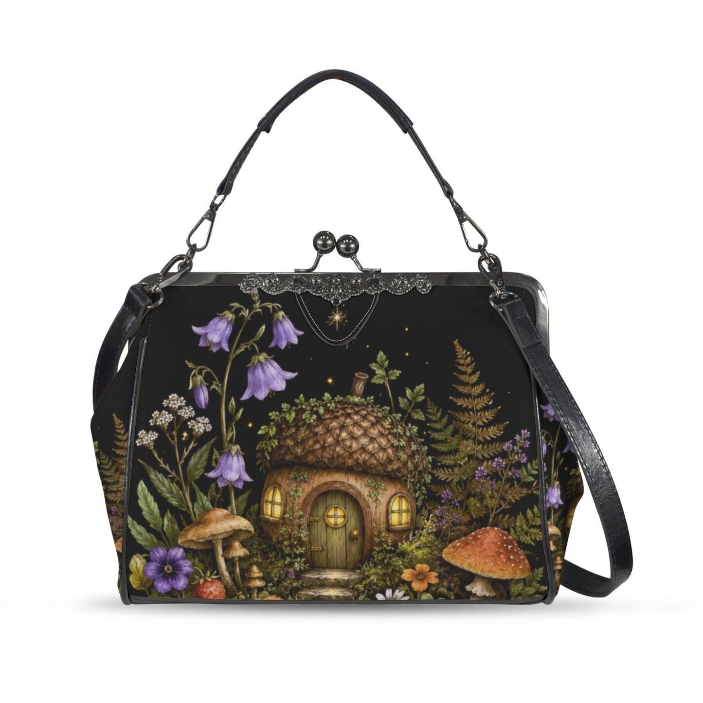Mushroom Fairy House Crossbody Bag, Cottagecore Woodland Kiss Lock Purse
