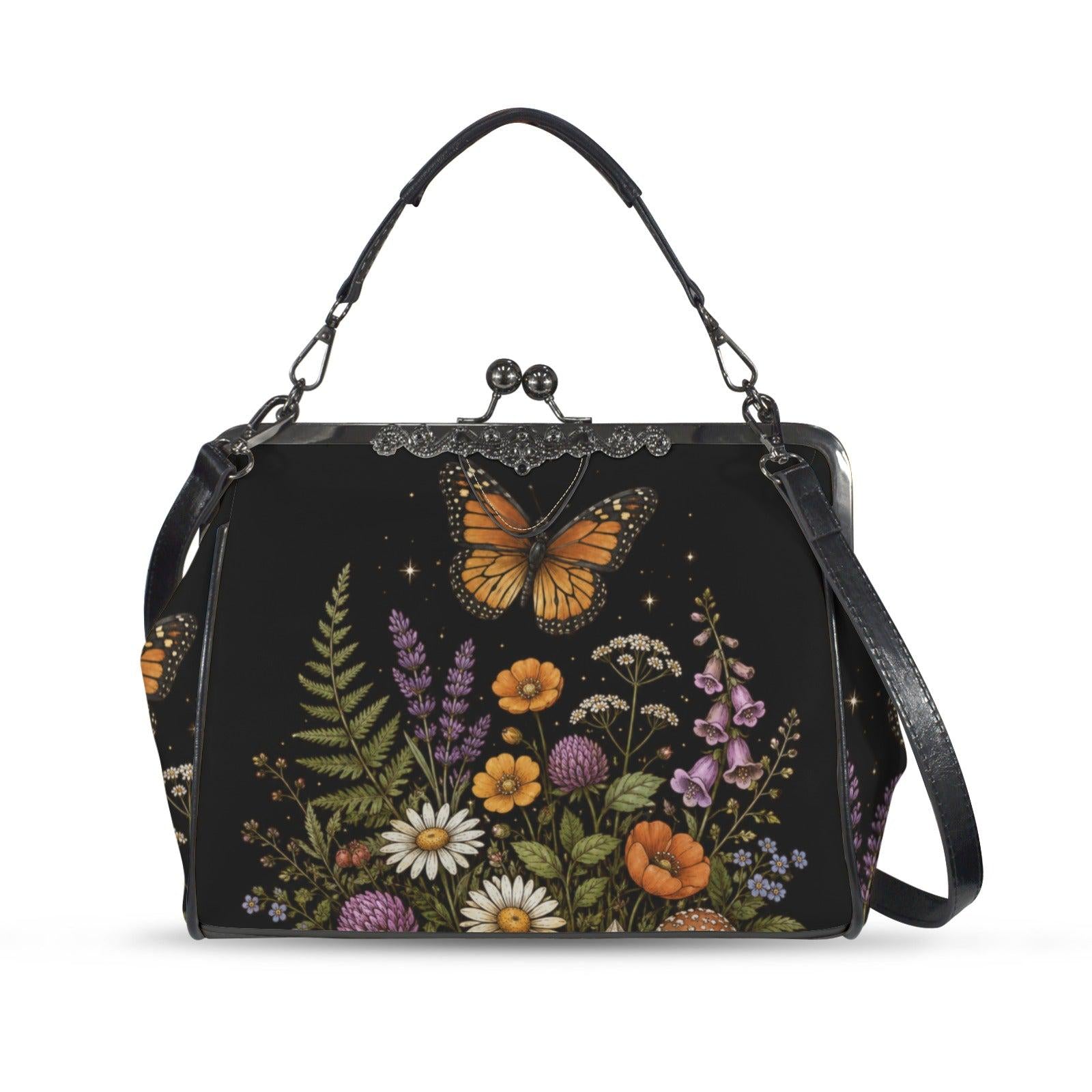 Black Wildflower Butterfly Shoulder Bag, Lavender Floral Kisslock Purse