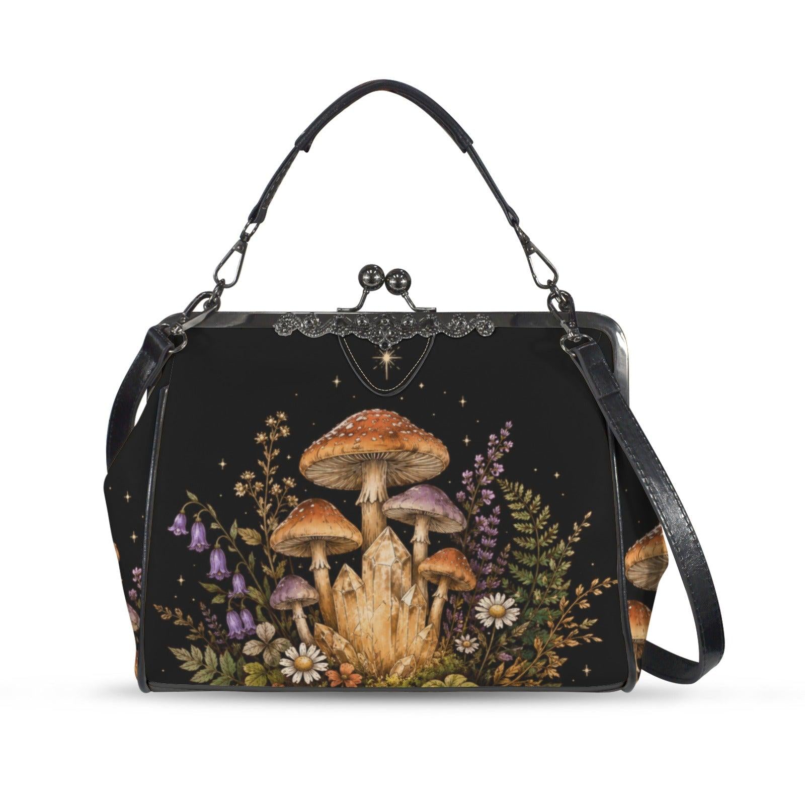 Mushroom Crystal Handbag, Black Kiss Lock Purse, Forest Daisy Print, Witchy Crossbody Bag