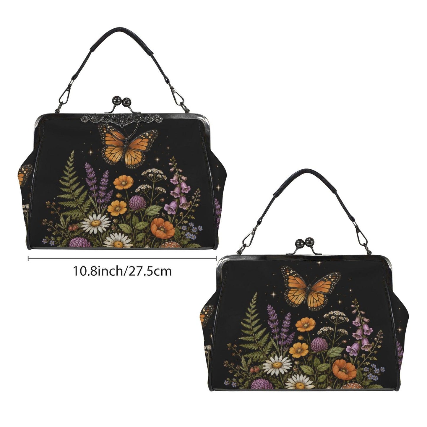 Black Wildflower Butterfly Shoulder Bag, Lavender Floral Kisslock Purse