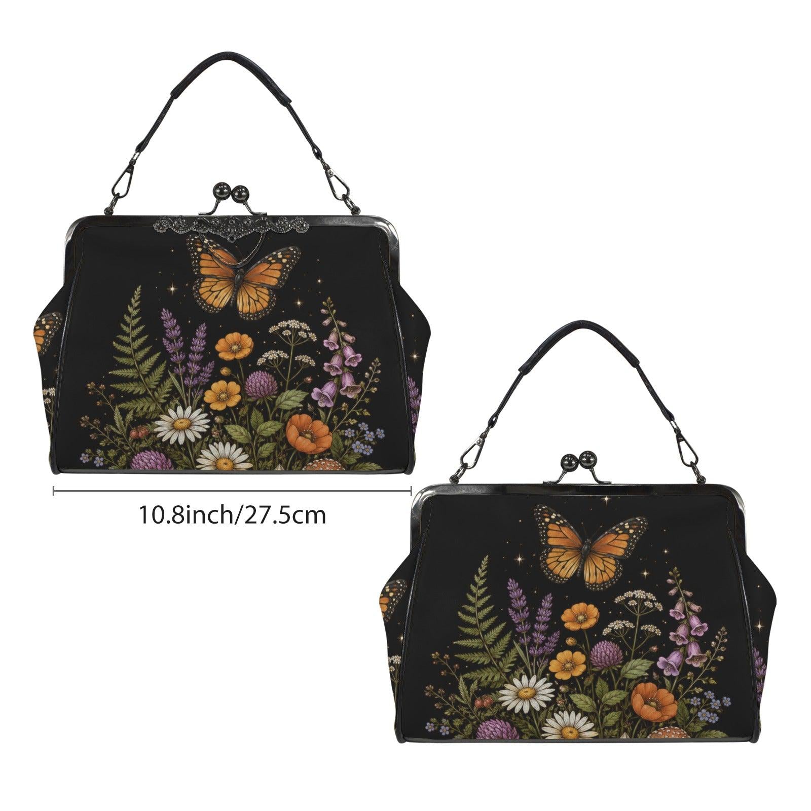 Black Wildflower Butterfly Shoulder Bag, Lavender Floral Kisslock Purse
