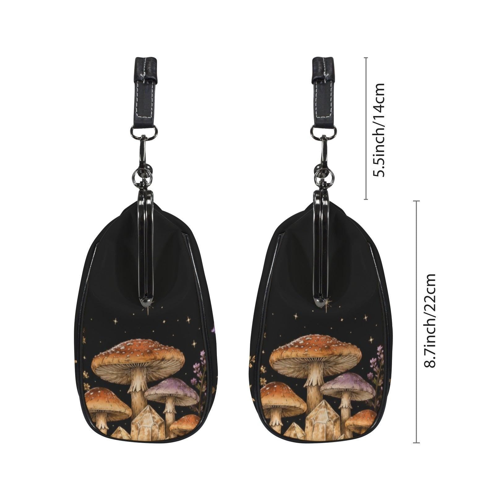 Mushroom Crystal Handbag, Black Kiss Lock Purse, Forest Daisy Print, Witchy Crossbody Bag