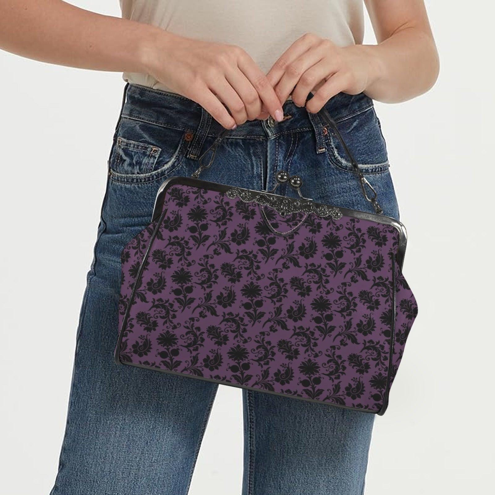 Purple and Black Damask Kiss Lock Handbag with Crossbody Strap