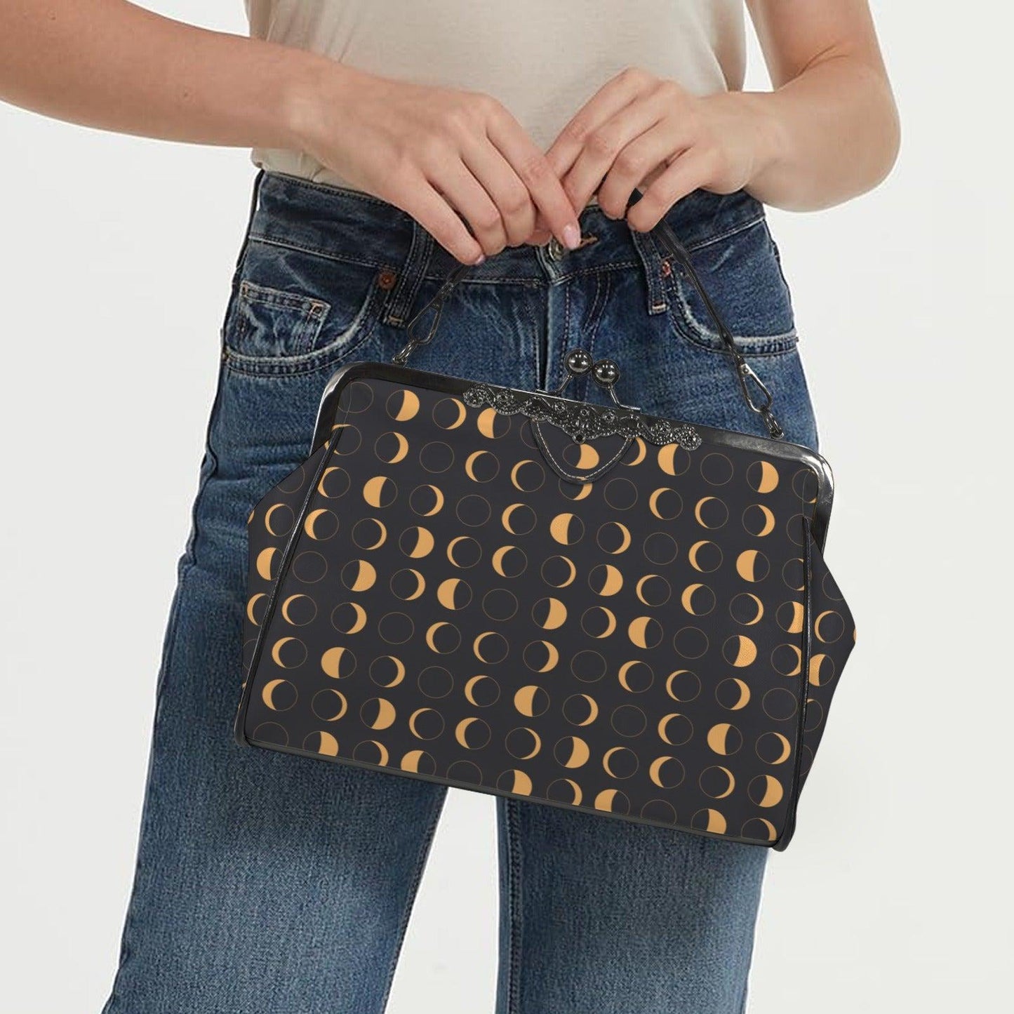 Moon Phase Kiss Lock Handbag, Gold Celestial Black Shoulder Bag