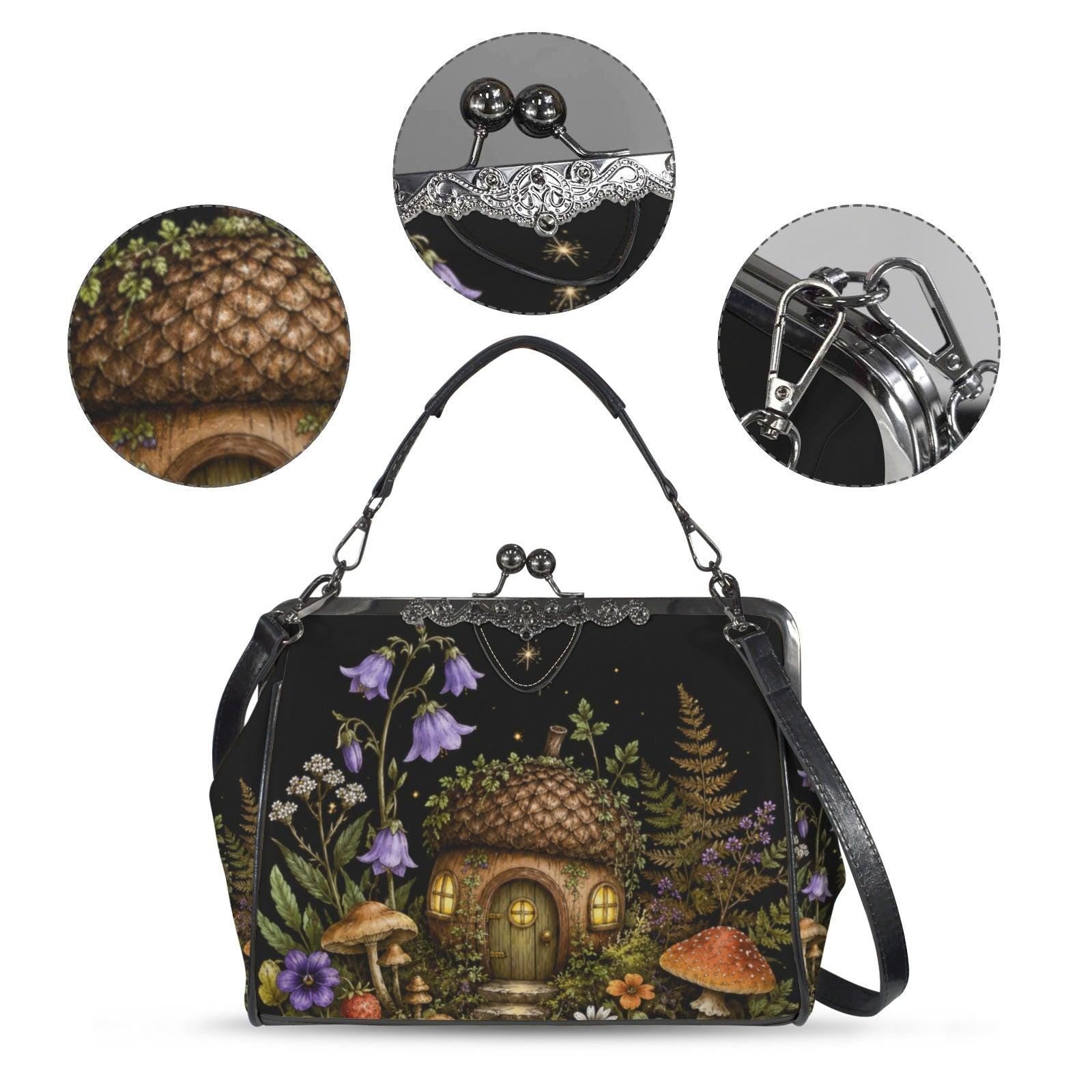Mushroom Fairy House Crossbody Bag, Cottagecore Woodland Kiss Lock Purse
