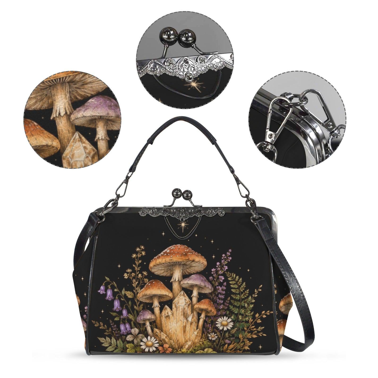 Mushroom Crystal Handbag, Black Kiss Lock Purse, Forest Daisy Print, Witchy Crossbody Bag